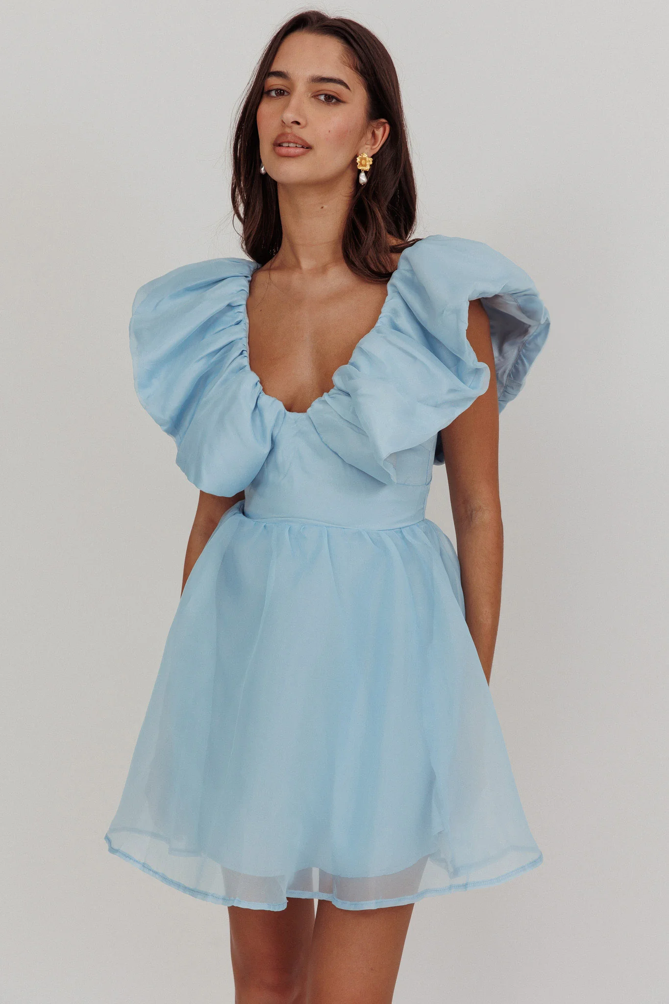 Kahlo Ruffle Neckline Mini Dress Blue - Image 5