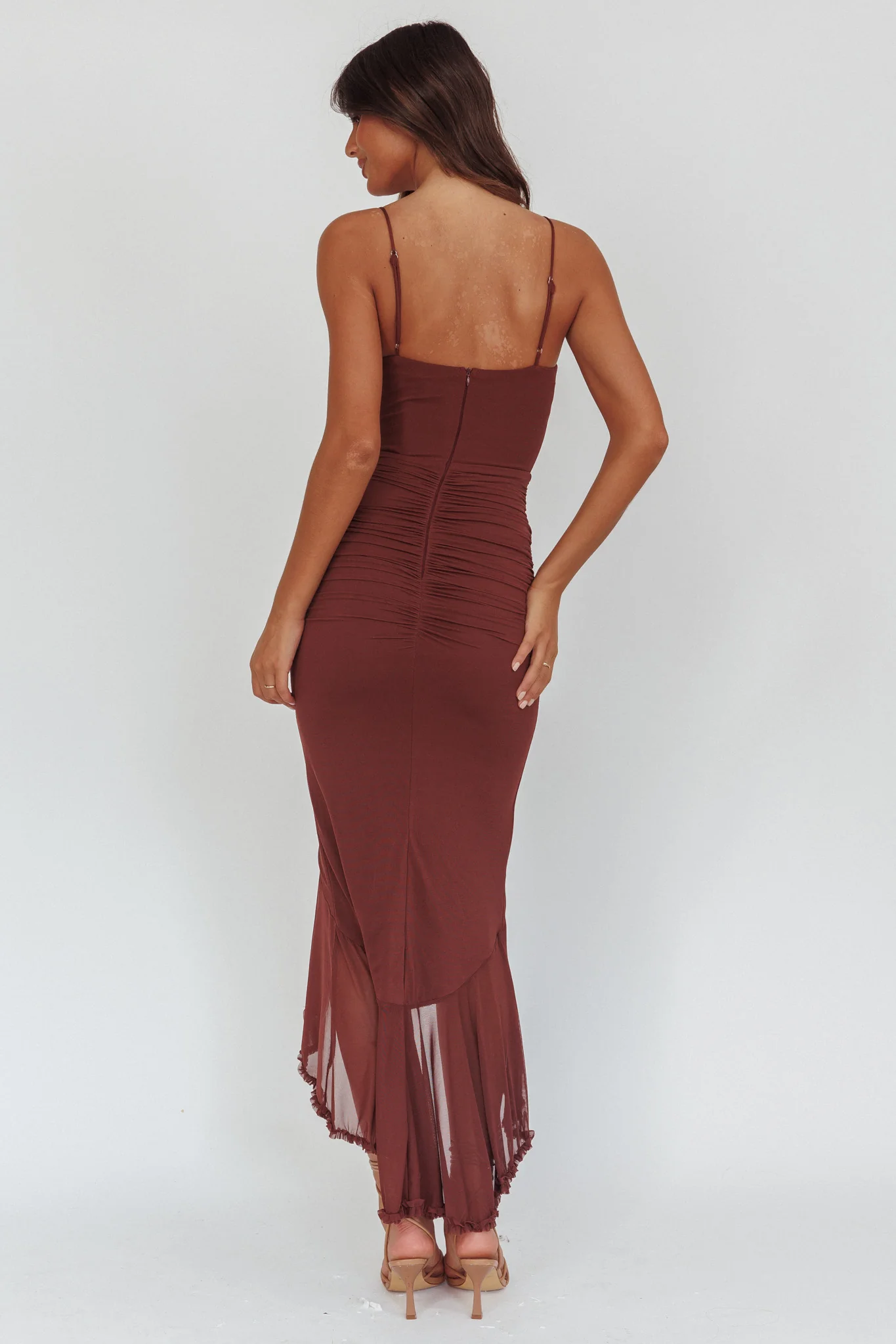 Kamilah Gathered Cascading Ruffle Midi Dress Maroon - Image 2