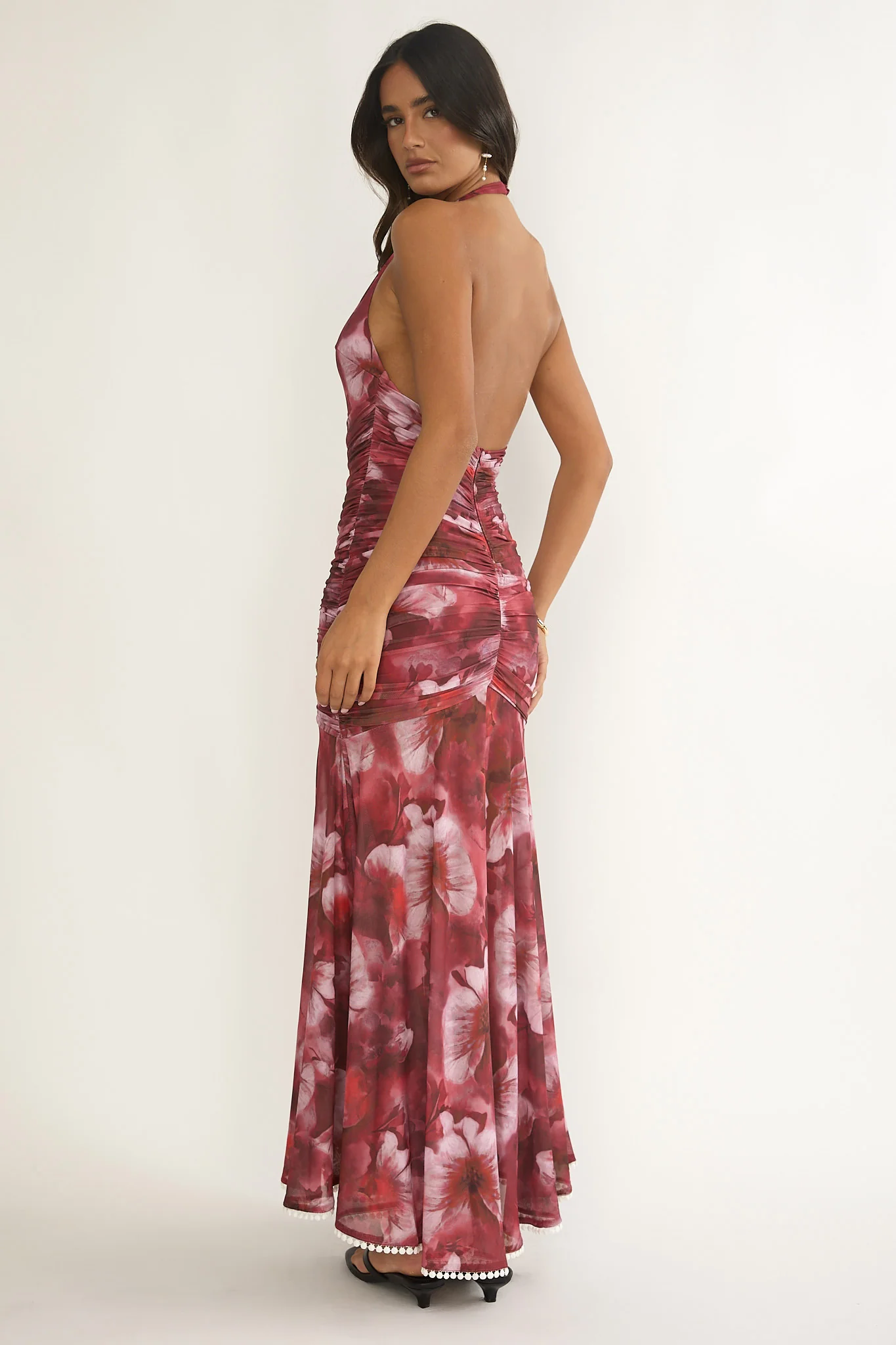 Kamilah Ruched Ruffle Maxi Dress Floral Red - Image 2