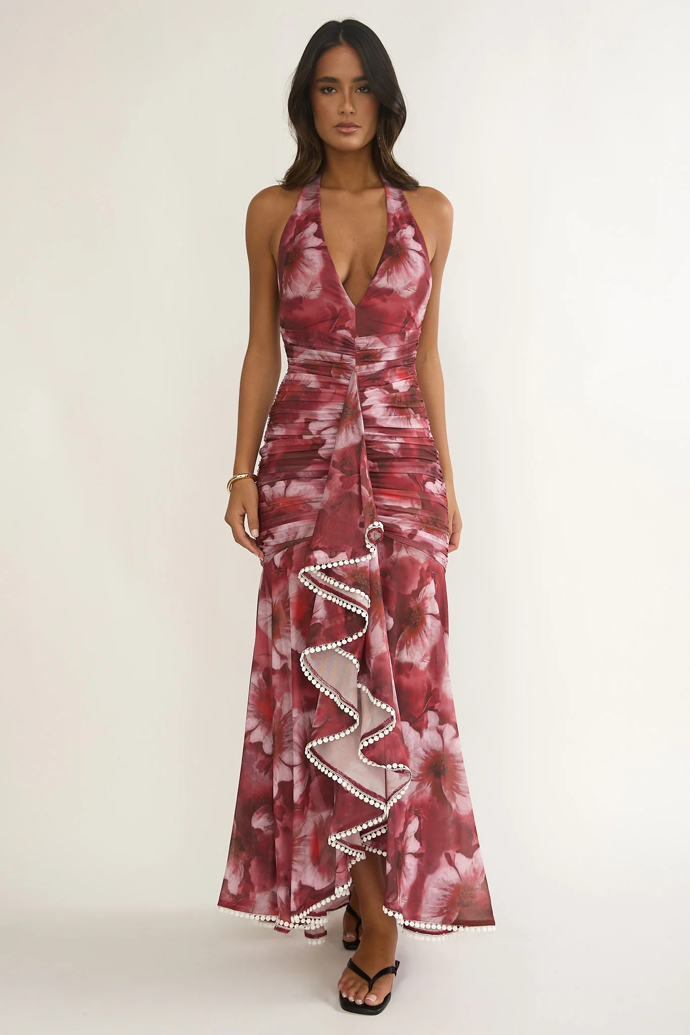 Kamilah Ruched Ruffle Maxi Dress Floral Red - Image 4