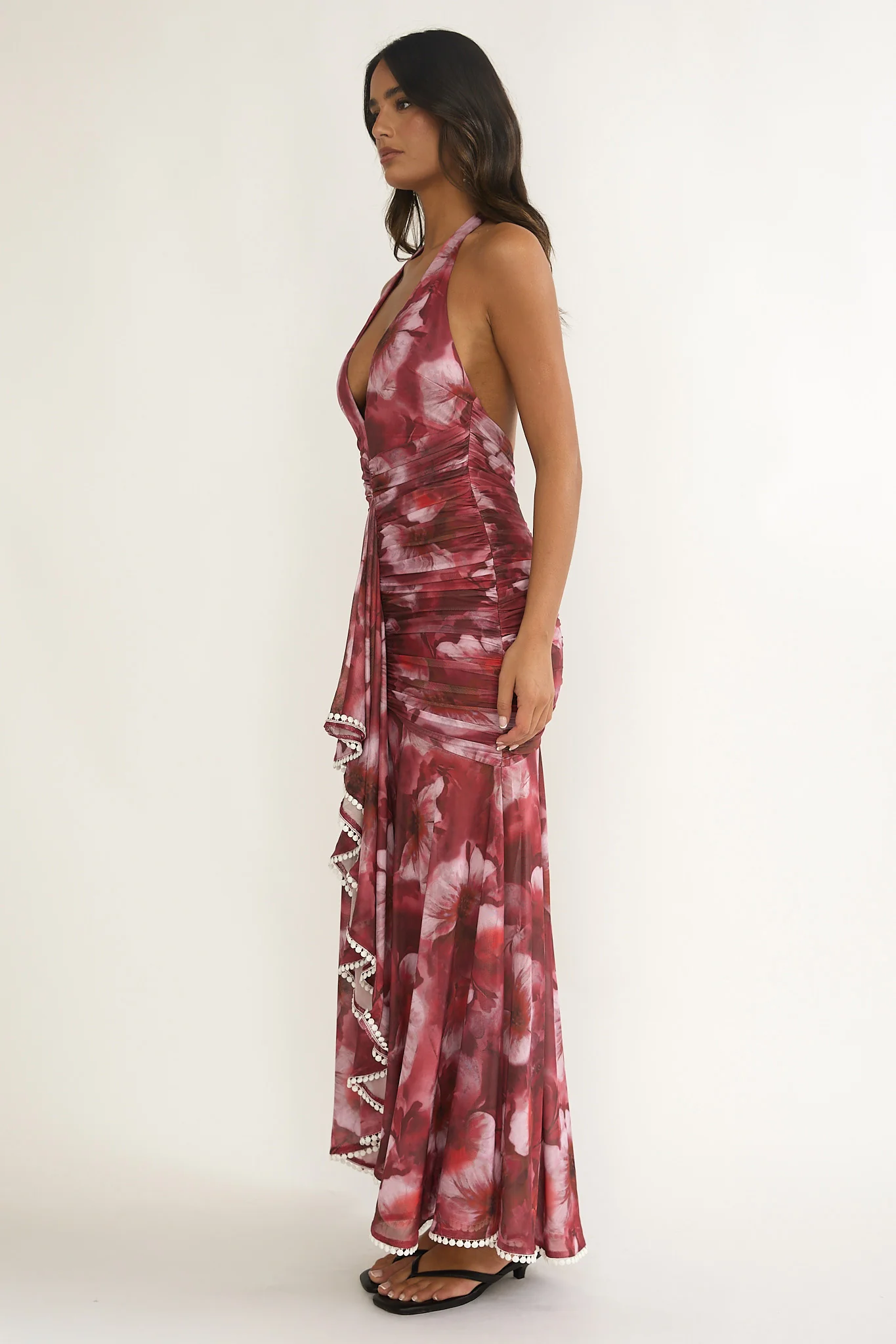 Kamilah Ruched Ruffle Maxi Dress Floral Red - Image 6