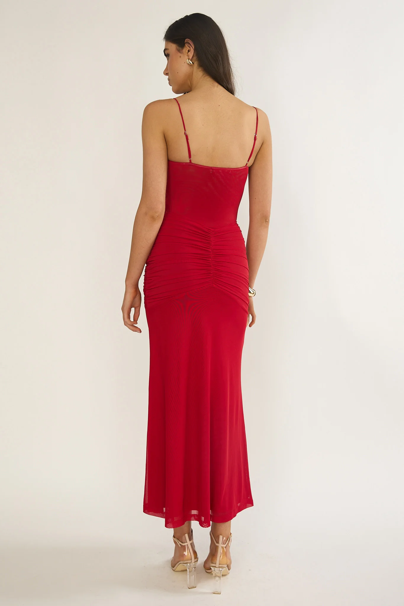 Kamilah Ruched Sheer Waist Maxi Dress Red - Image 2