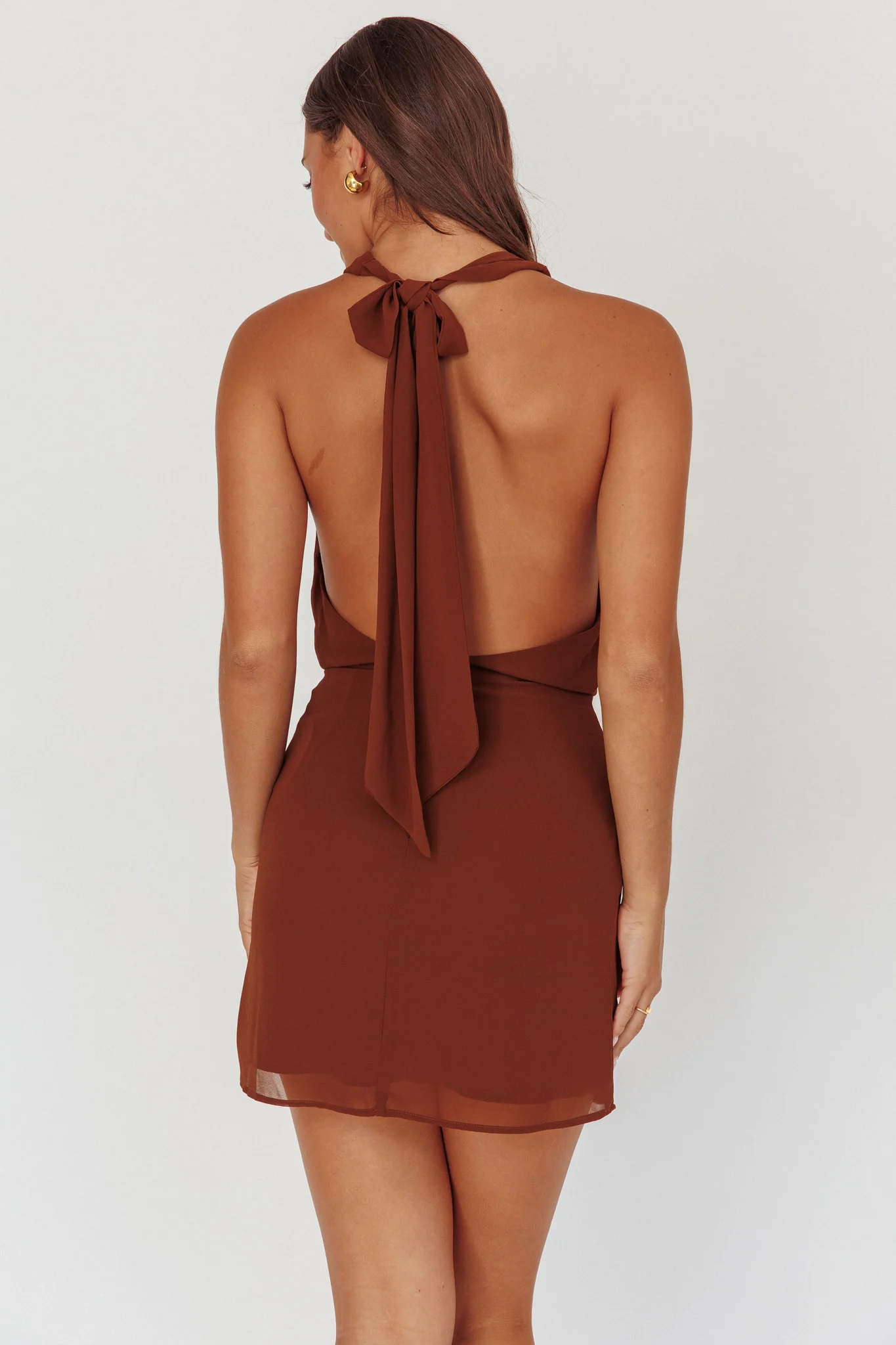 Kate Cowl Halter Mini Dress Chocolate - Image 3