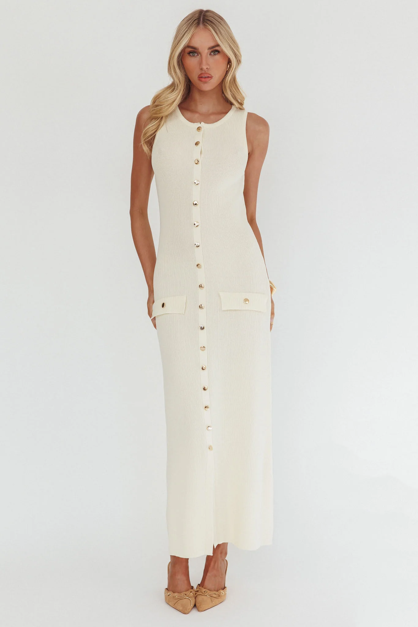 Kelani Gold Button Knit Maxi Dress Cream - Image 6