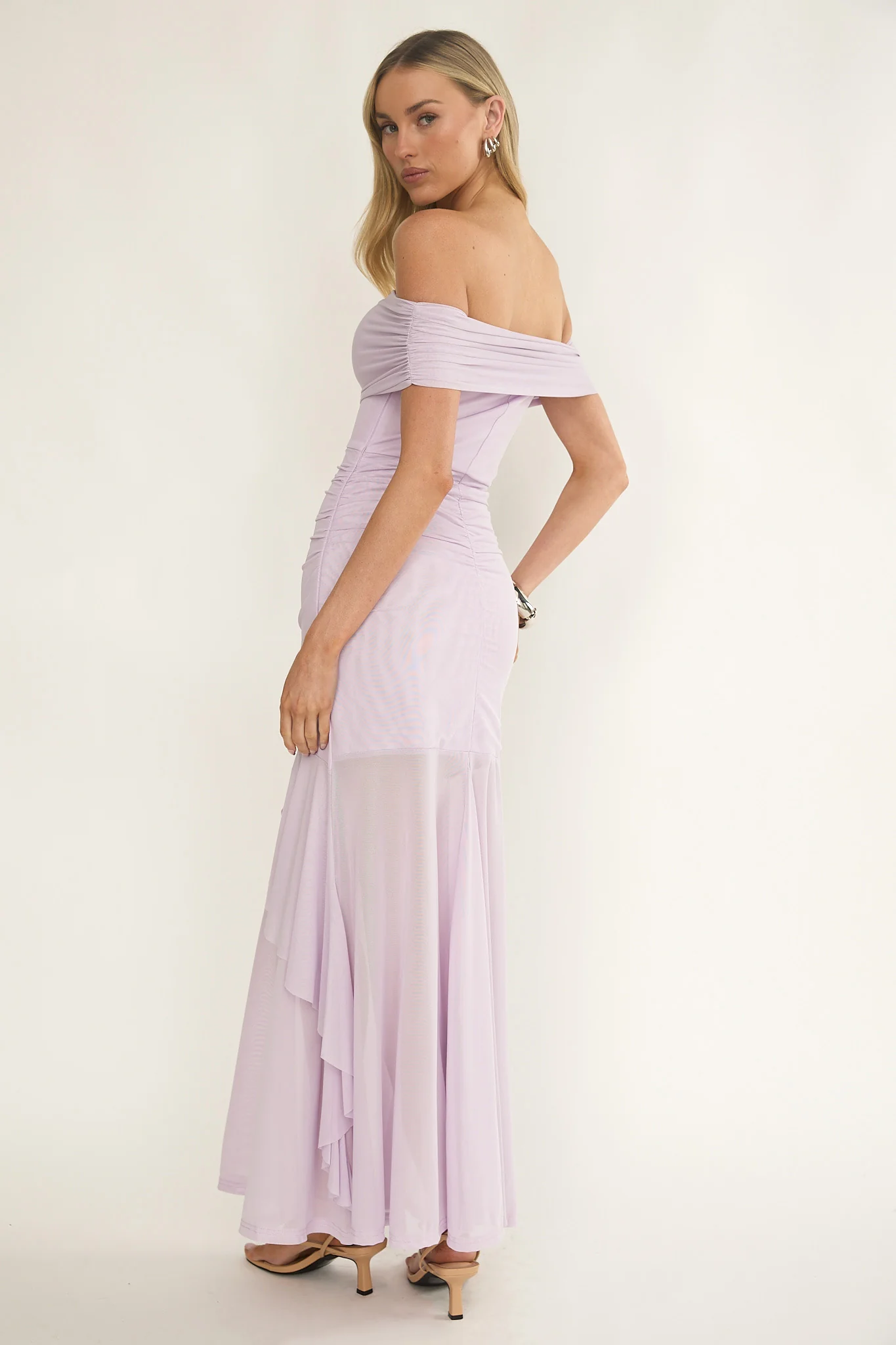 Kiarna Off-Shoulder Mesh Maxi Dress Lilac - Image 2