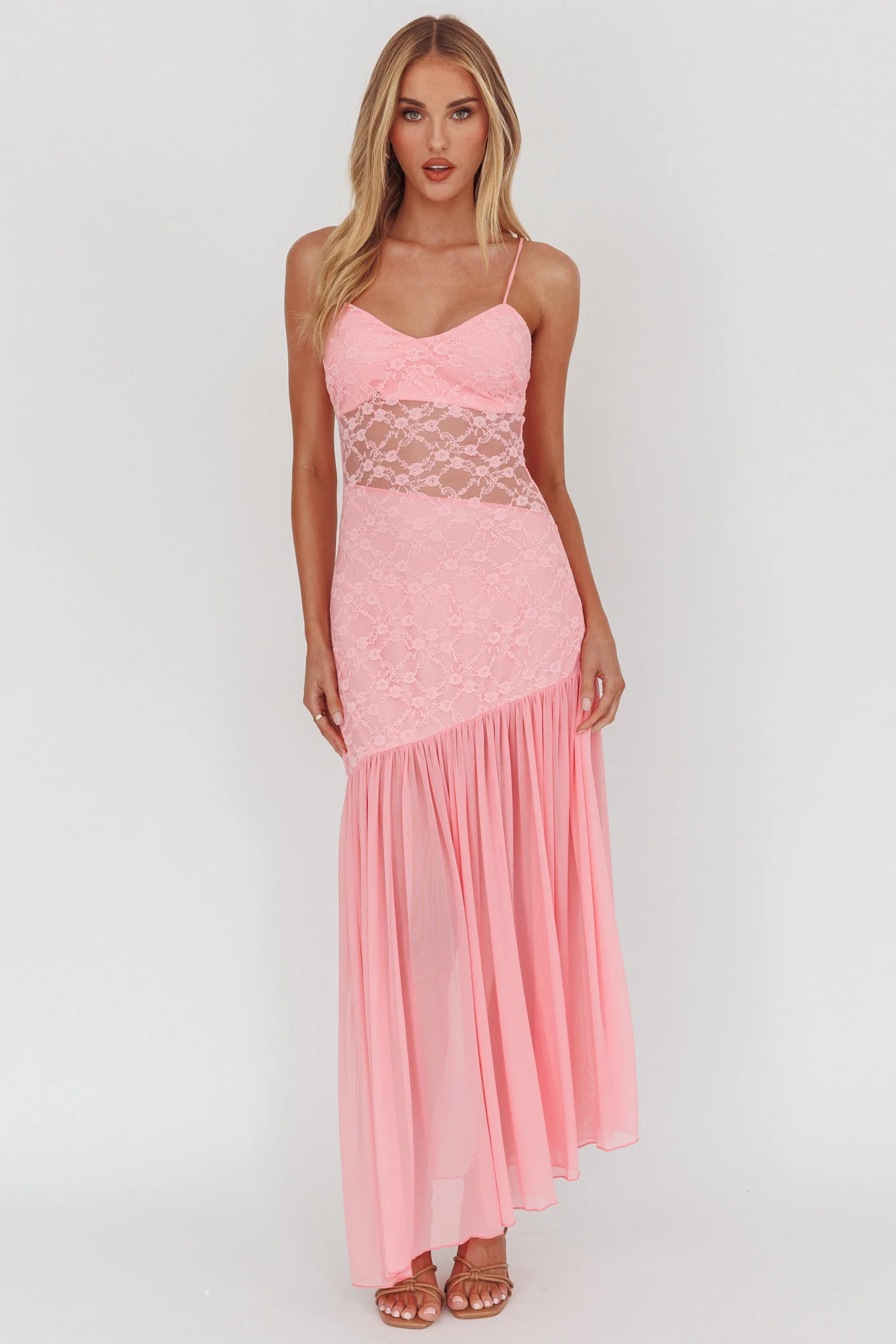 Kinley Sheer Hem Lace Maxi Dress Pink - Image 4