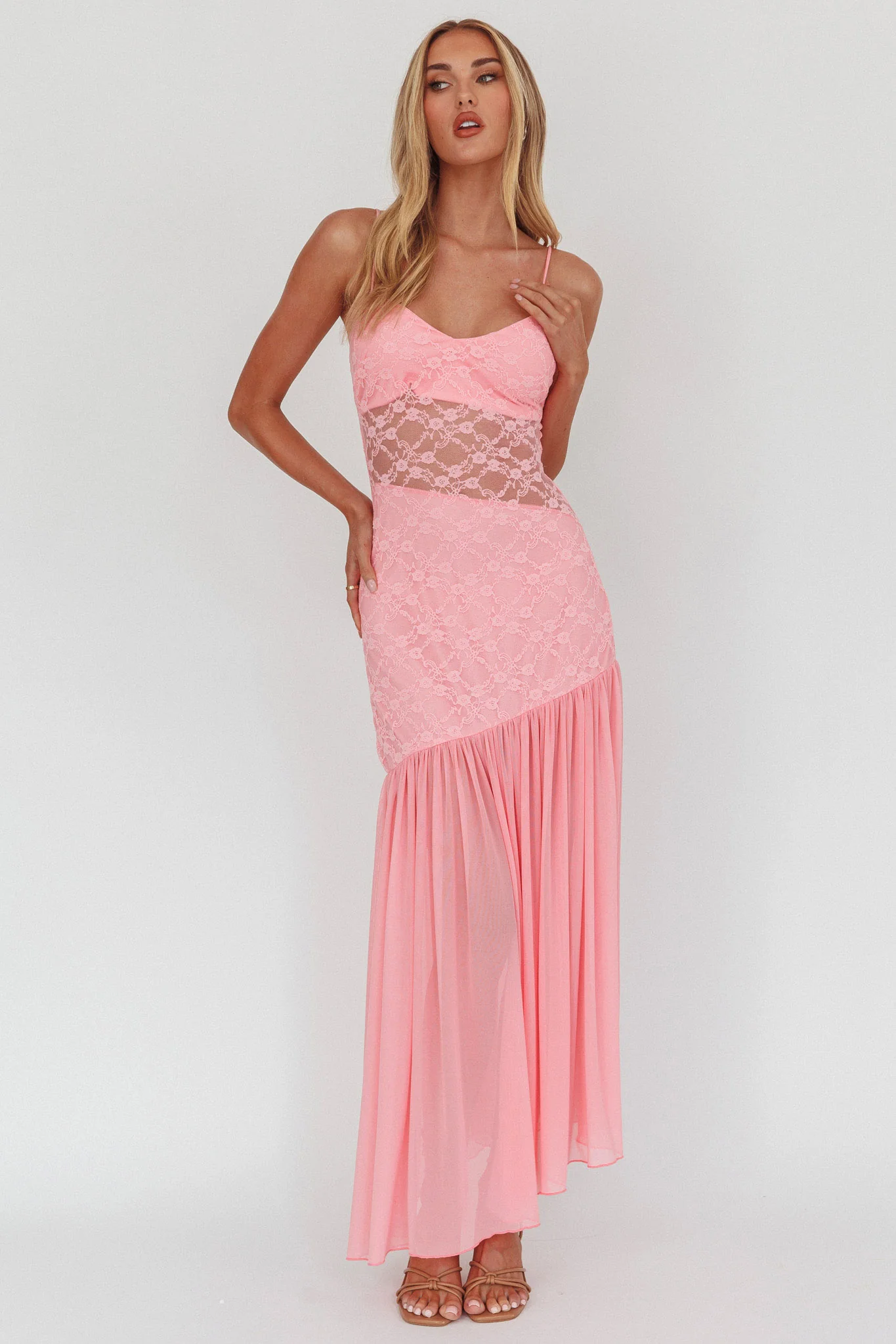 Kinley Sheer Hem Lace Maxi Dress Pink - Image 5