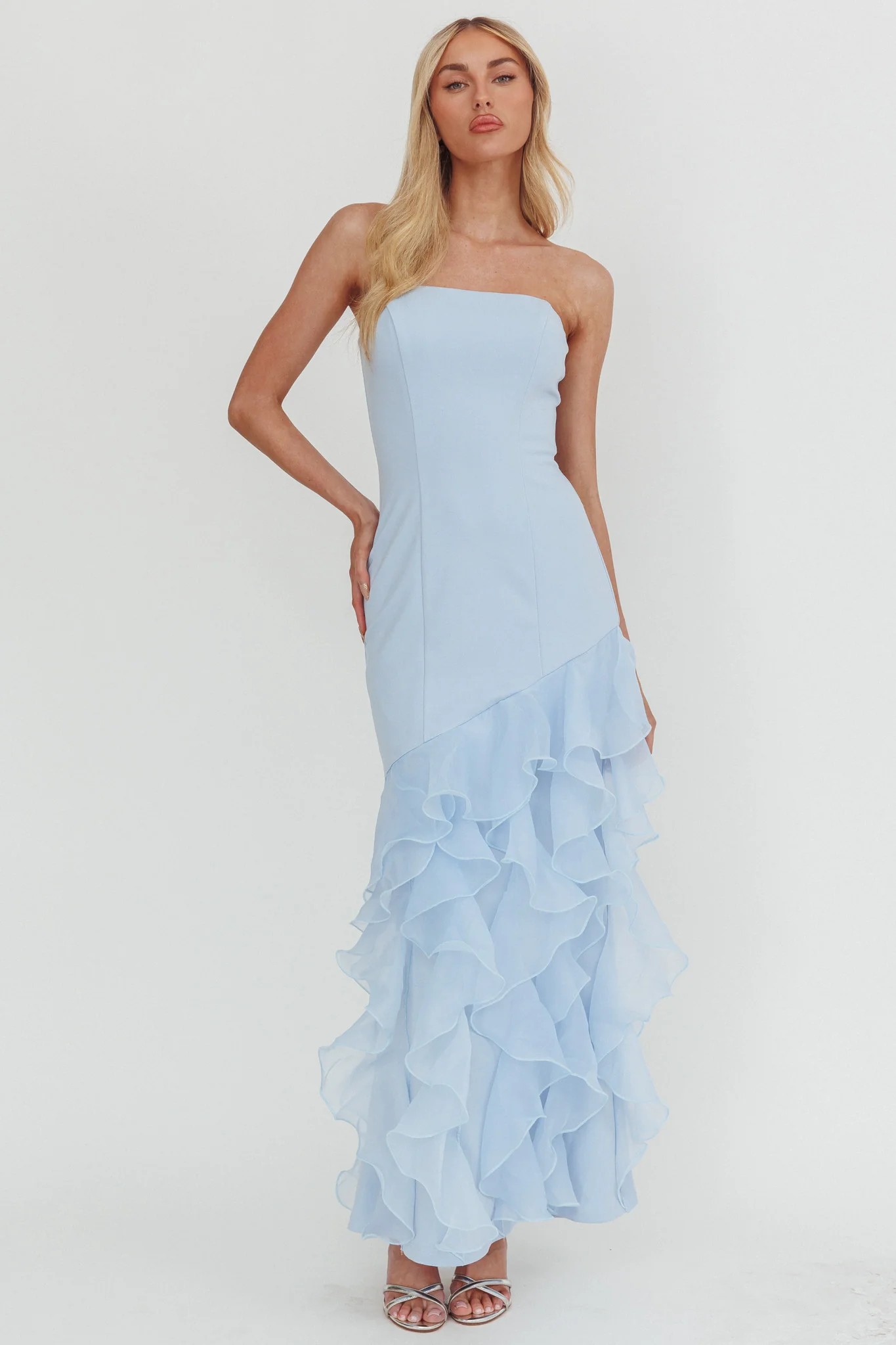 Kioto Strapless Organza Trim Maxi Dress Blue - Image 5