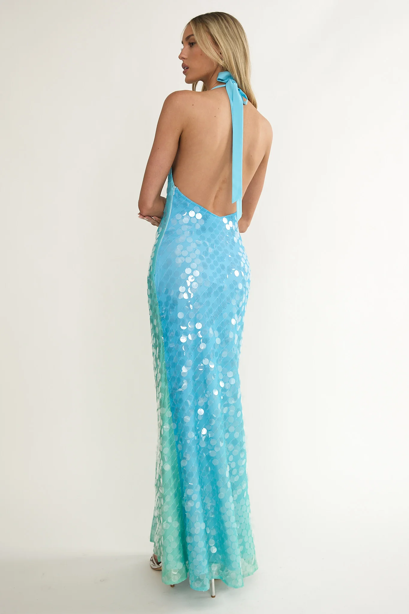 Kirralee Asymmetric Halterneck Sequin Maxi Dress Blue Multi - Image 2