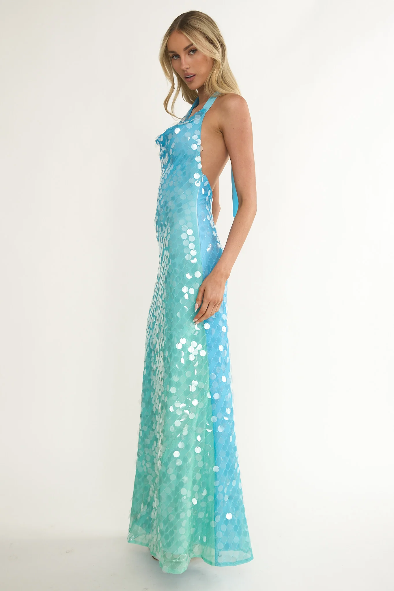 Kirralee Asymmetric Halterneck Sequin Maxi Dress Blue Multi - Image 6