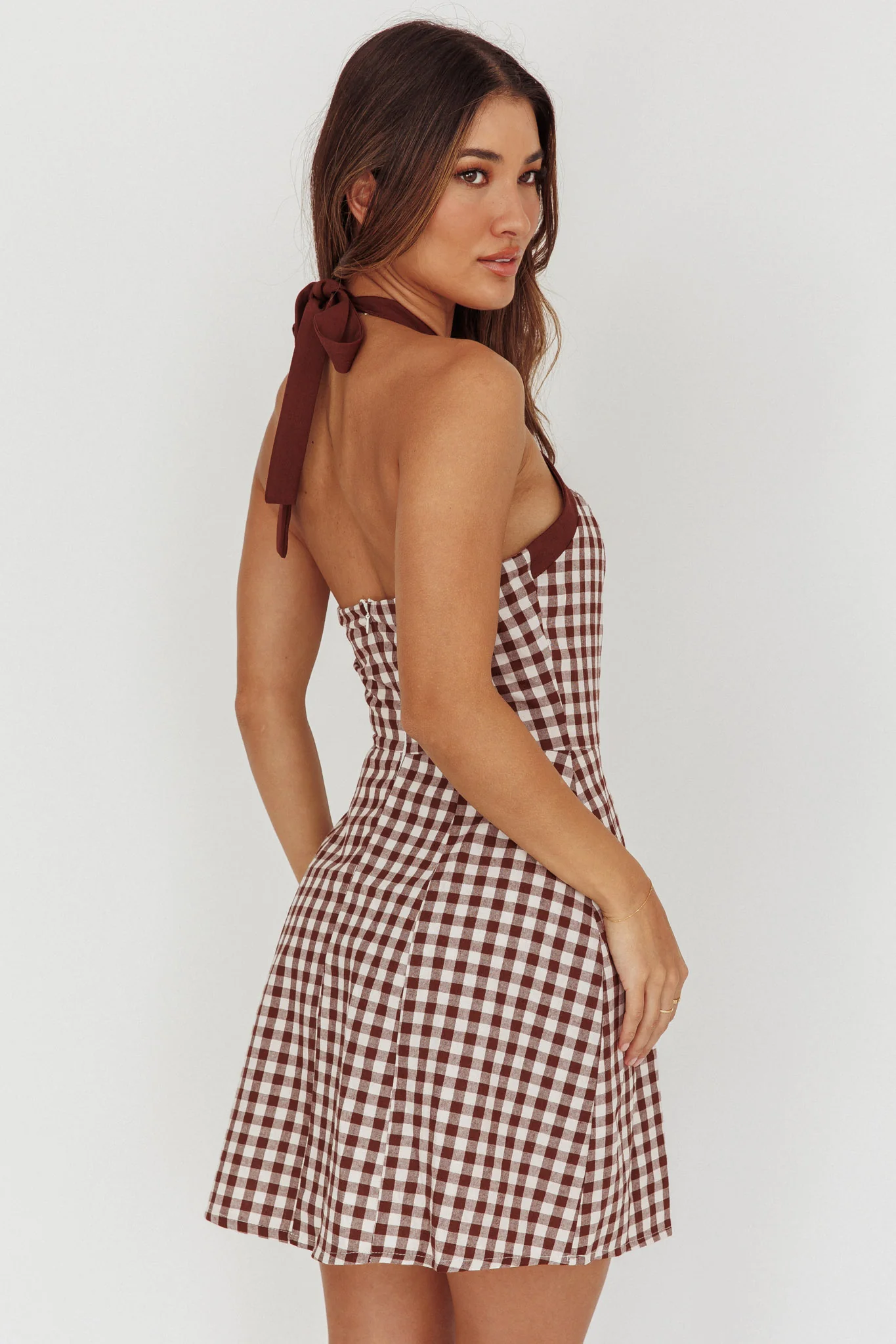 Lady Bow Halterneck Mini Dress Plaid Brown - Image 2