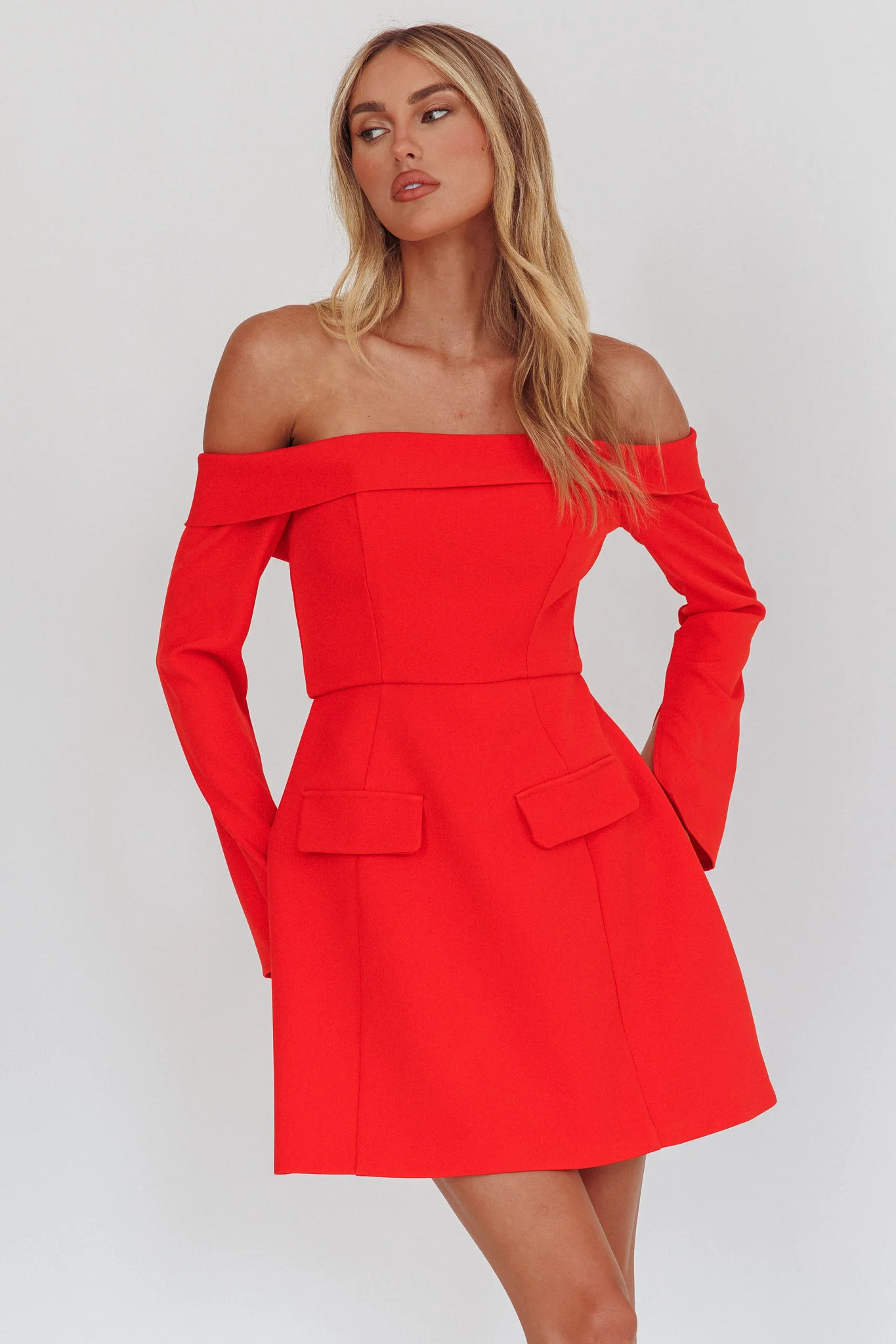 Laviniah Foldover Long Sleeve Mini Dress Red - Image 5