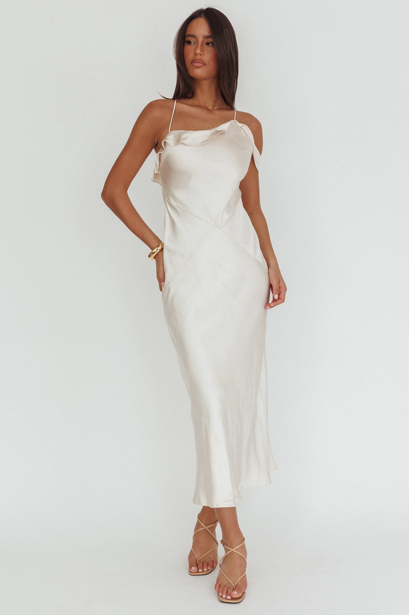 Lexington Draped Shoulder Criss-Cross Back Maxi Dress Oyster - Image 4