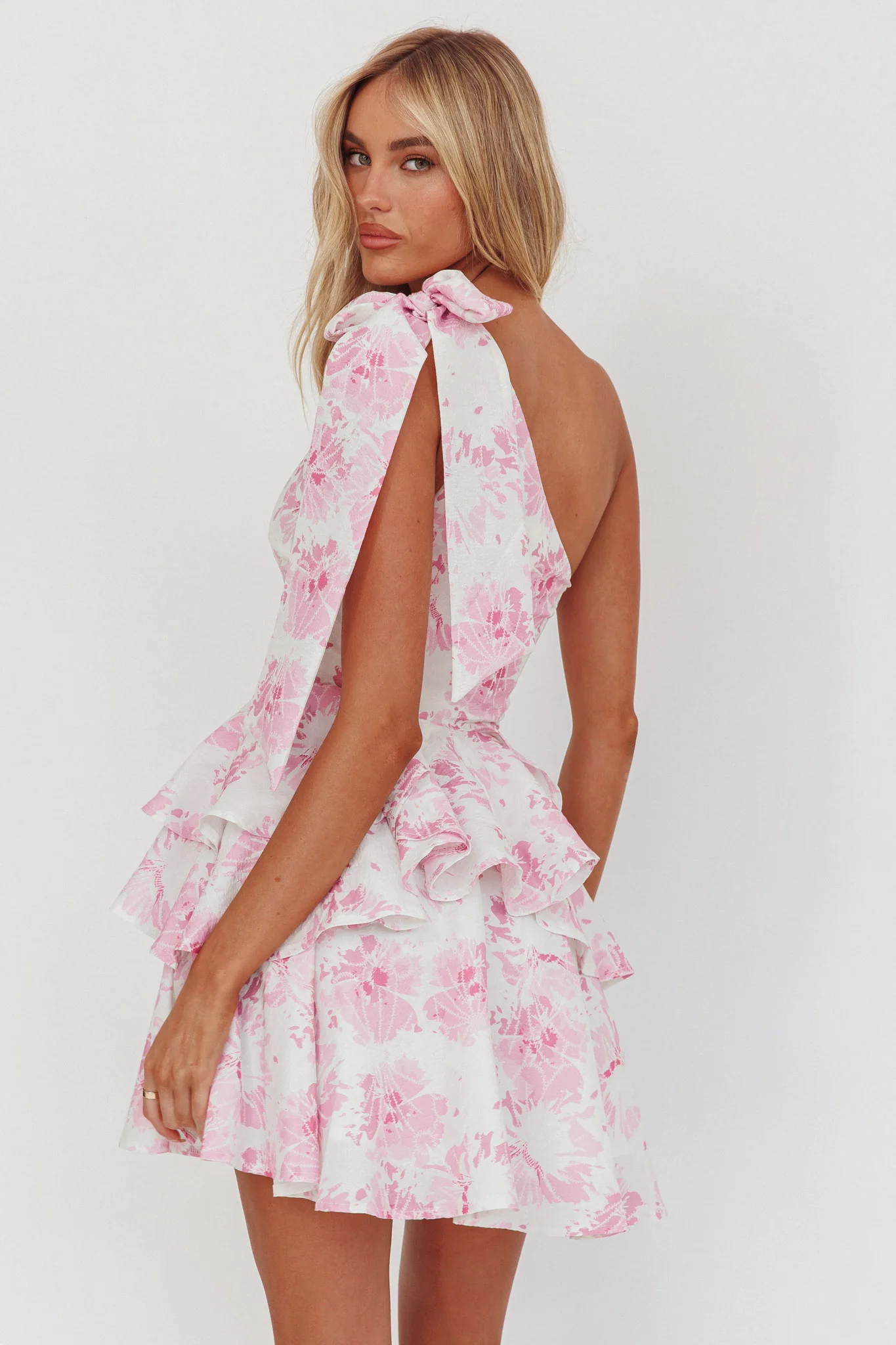 Like Me One-Shoulder Layered Mini Dress Floral Pink - Image 3