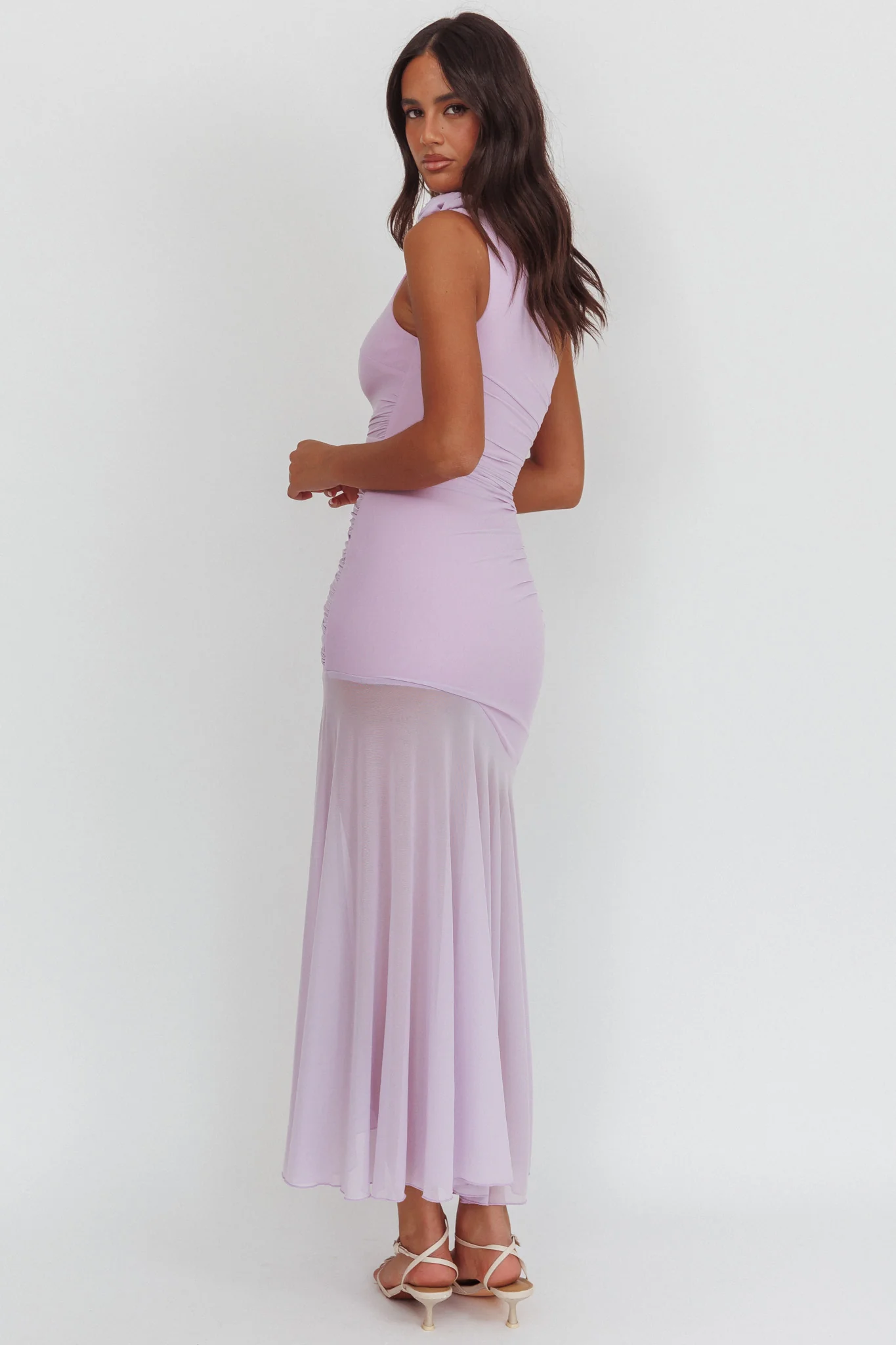 Lost Love One-Shoulder Sheer Hem Maxi Dress Lilac - Image 2