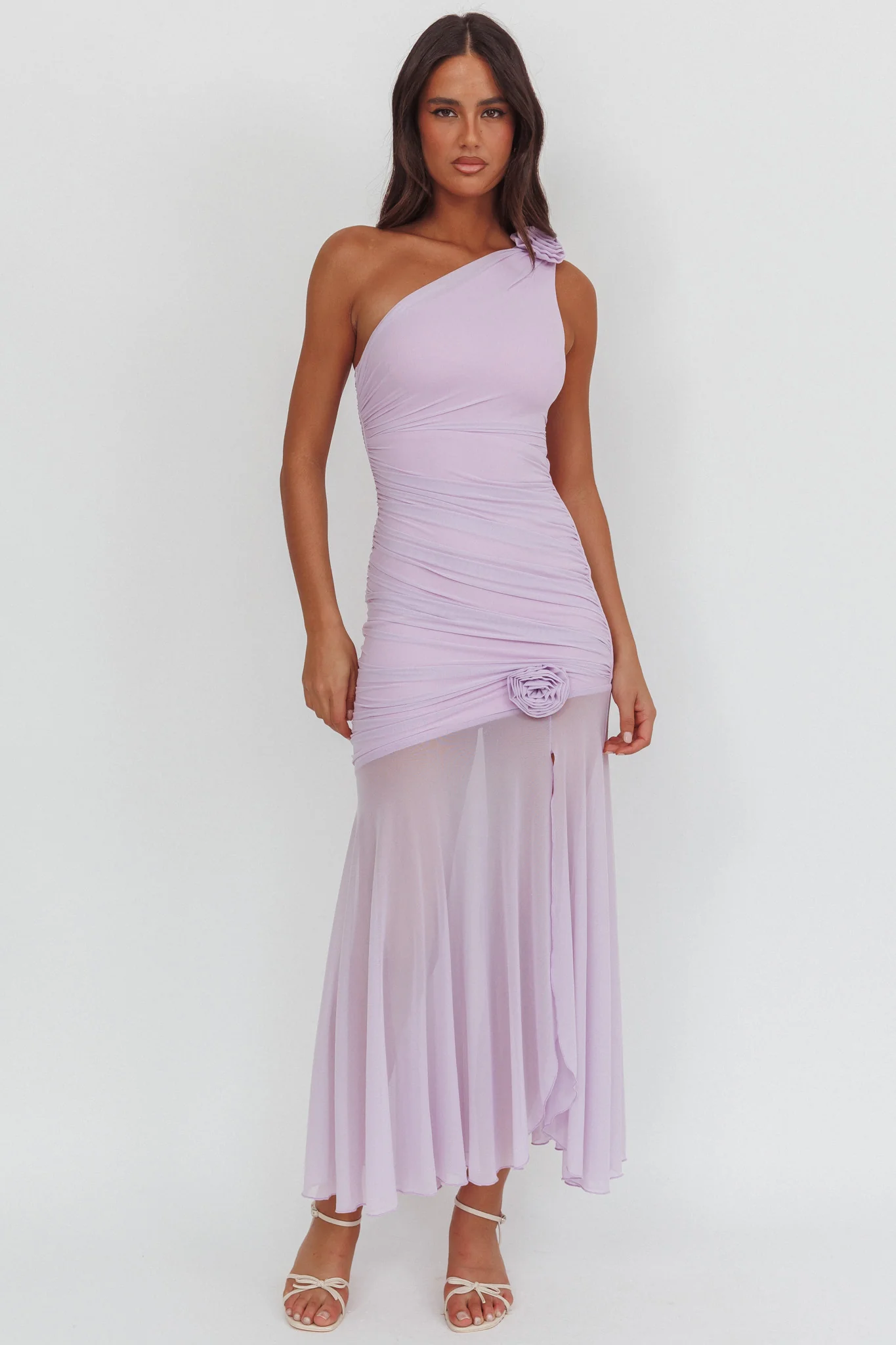 Lost Love One-Shoulder Sheer Hem Maxi Dress Lilac - Image 4
