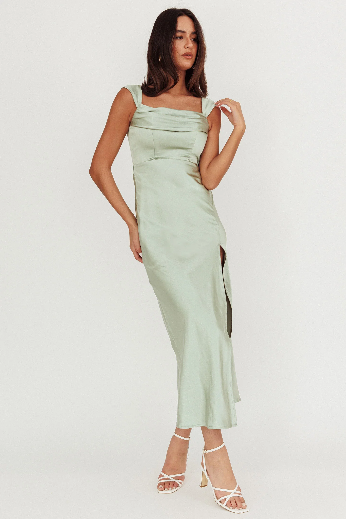 Lucinda Off-Shoulder V-Back Dress Sage - Image 5