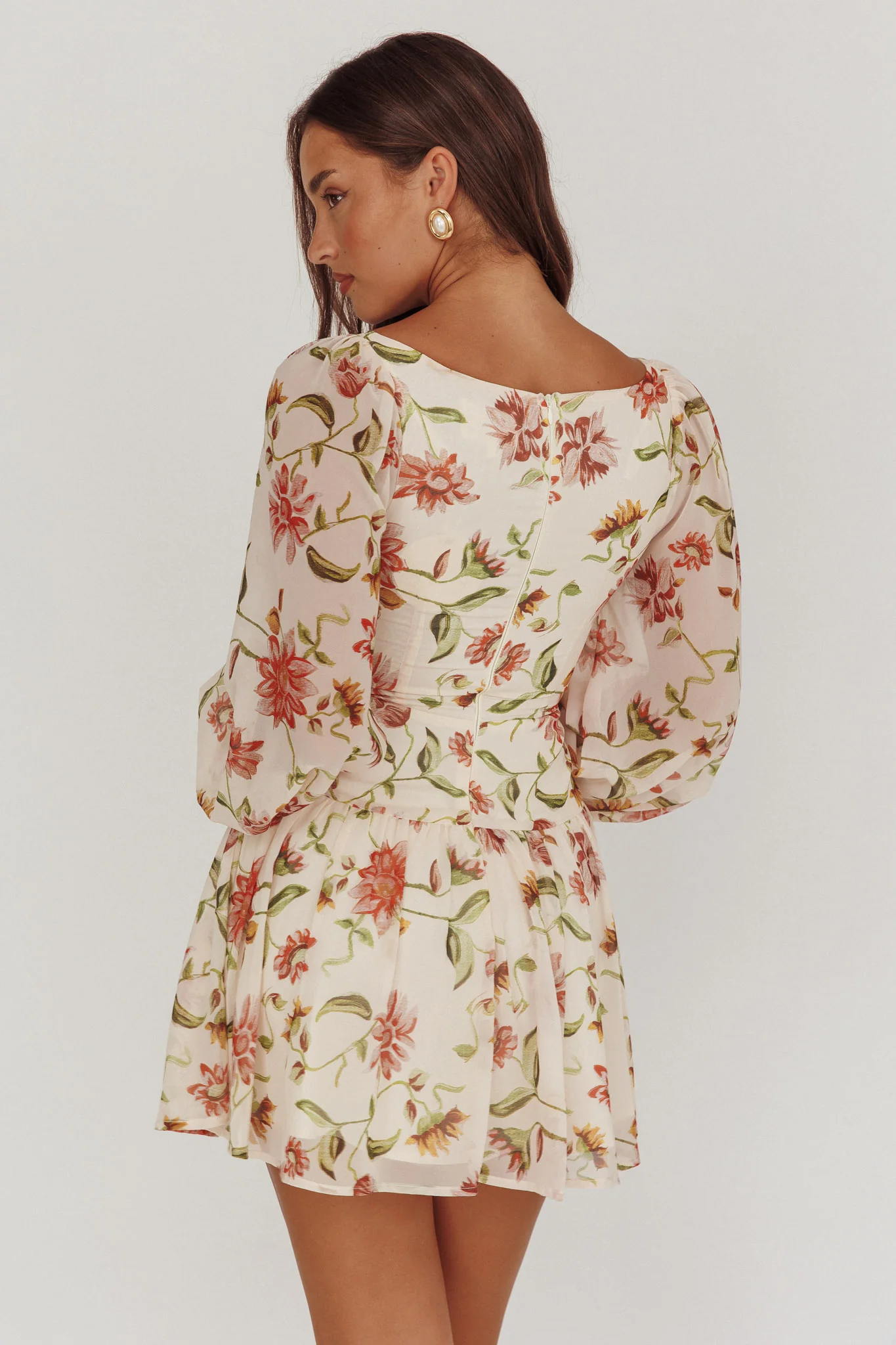 Lucky One Balloon Sleeve Mini Dress Floral Beige - Image 3