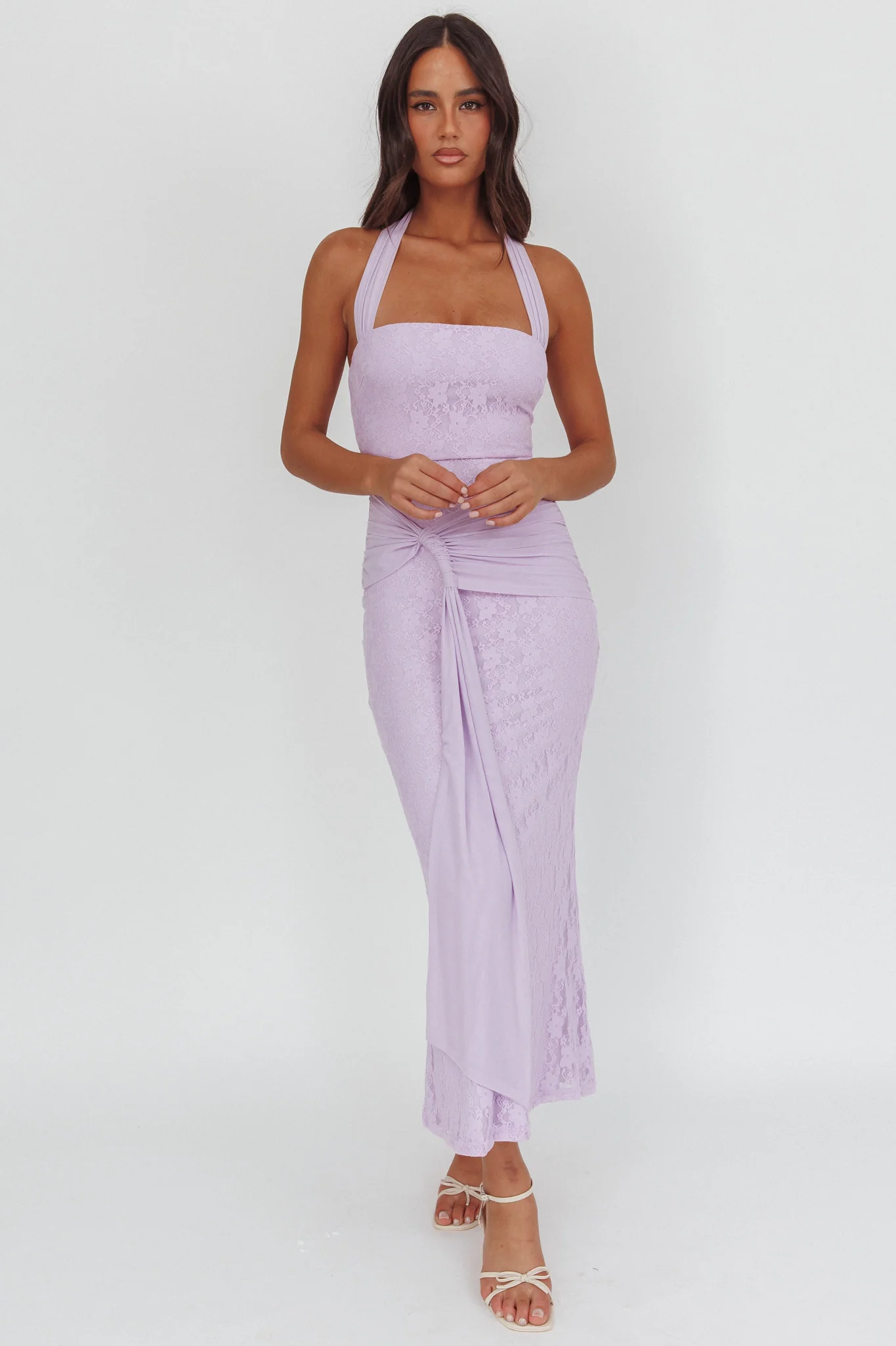 Luli Waist Sash Halter Maxi Dress Lace Lilac - Image 5