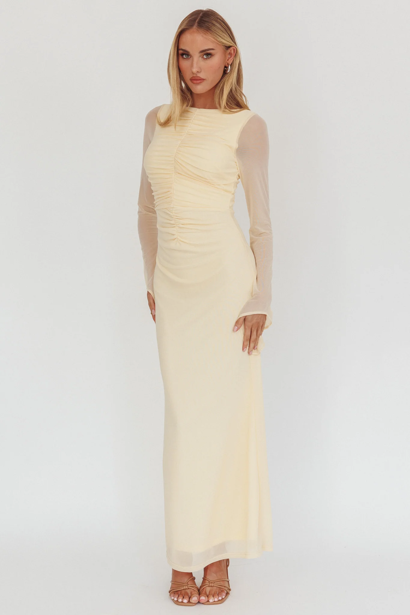 Luna Love Long Sleeve Mesh Maxi Dress Cream - Image 4
