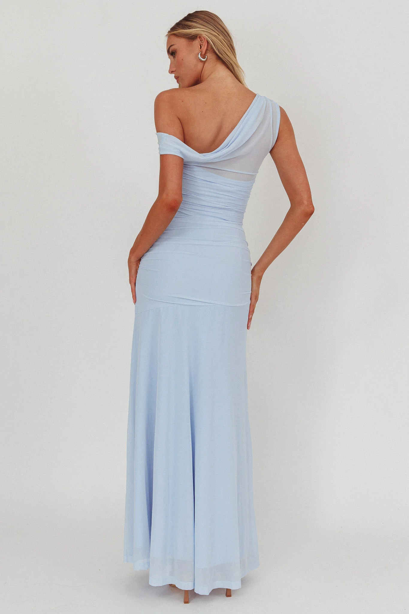 Lylah Asymmetric Neckline Mesh Maxi Dress Ice Blue - Image 2