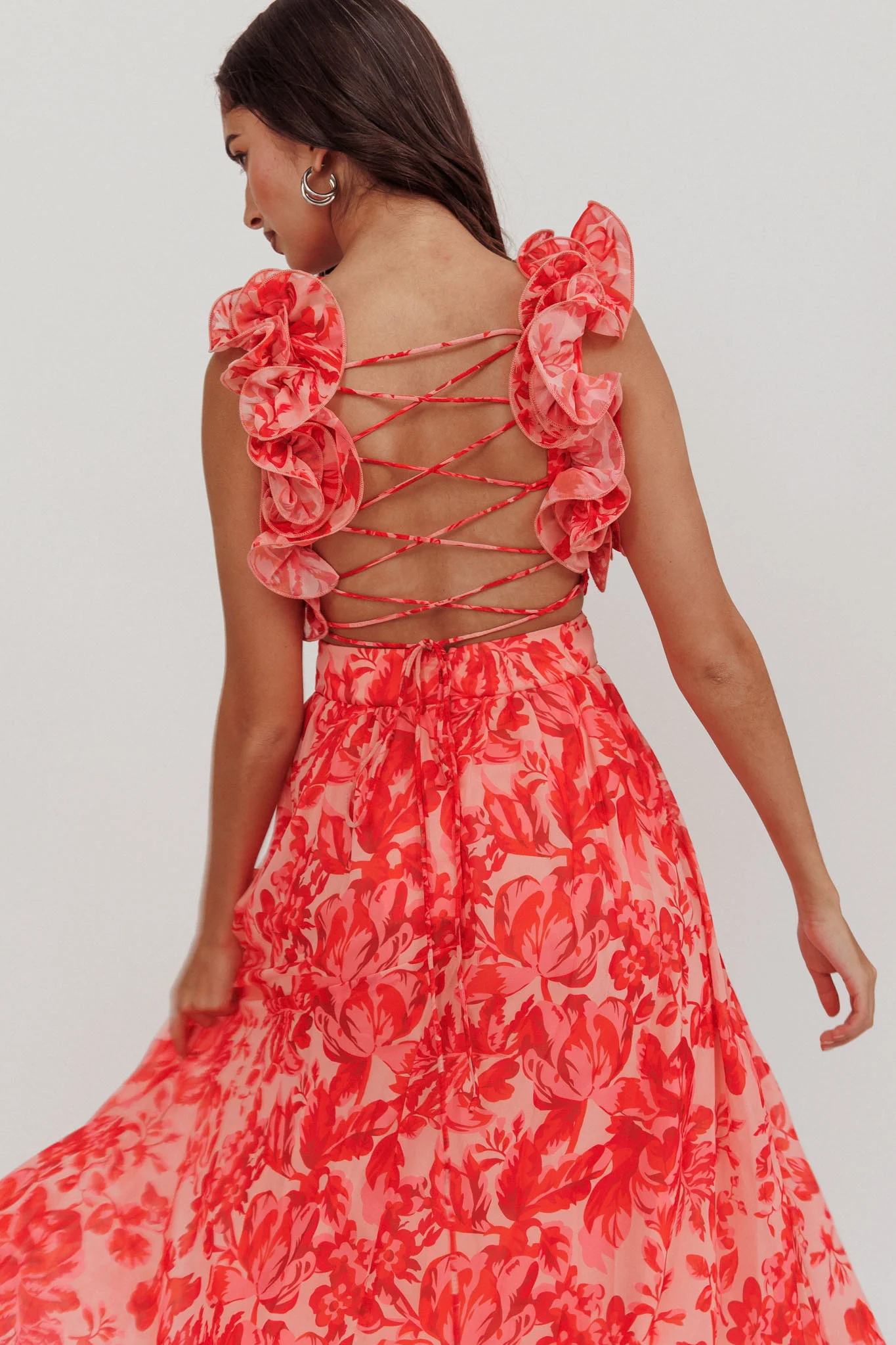 Madara Lace-Up Back Maxi Dress Floral Red - Image 2