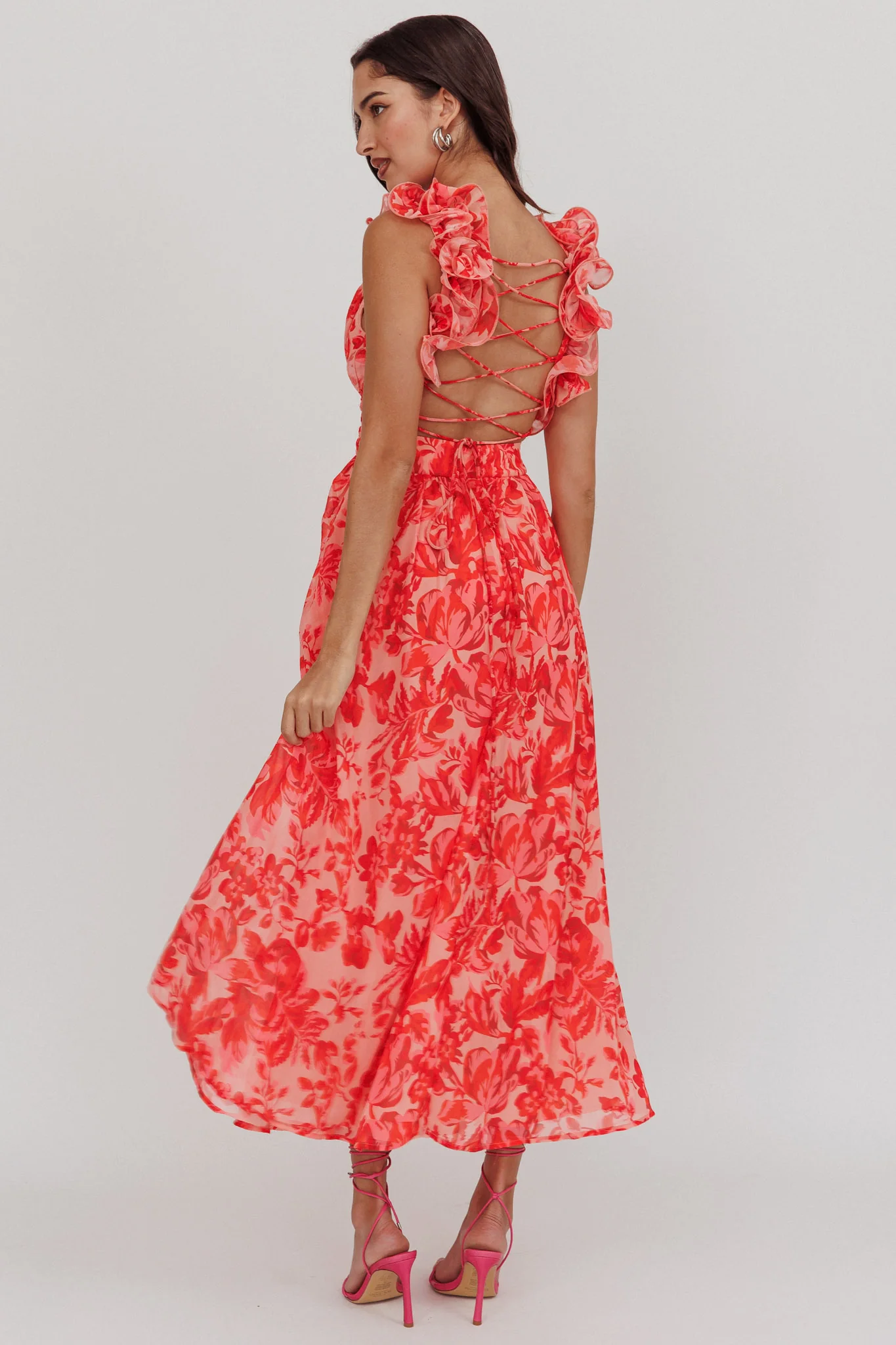 Madara Lace-Up Back Maxi Dress Floral Red - Image 3