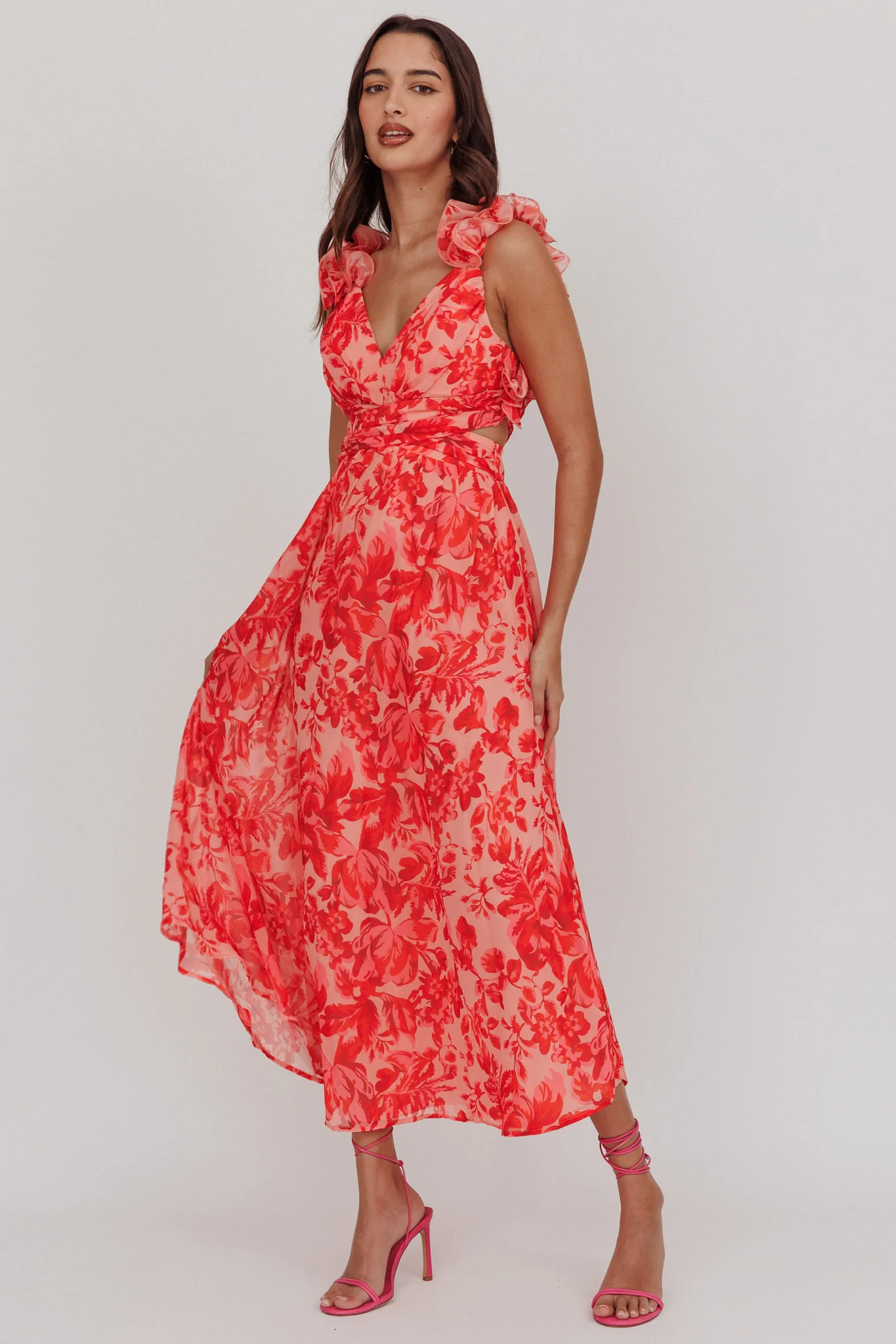 Madara Lace-Up Back Maxi Dress Floral Red - Image 5