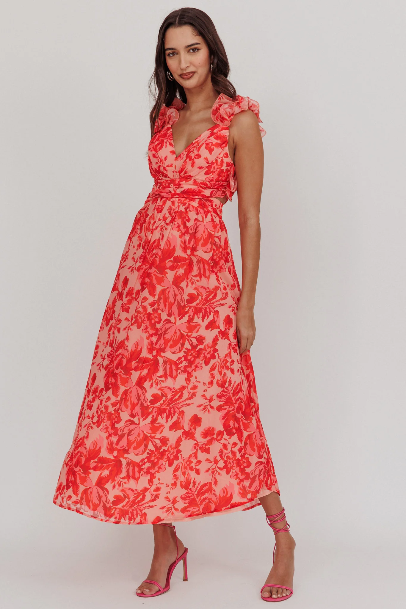 Madara Lace-Up Back Maxi Dress Floral Red - Image 6