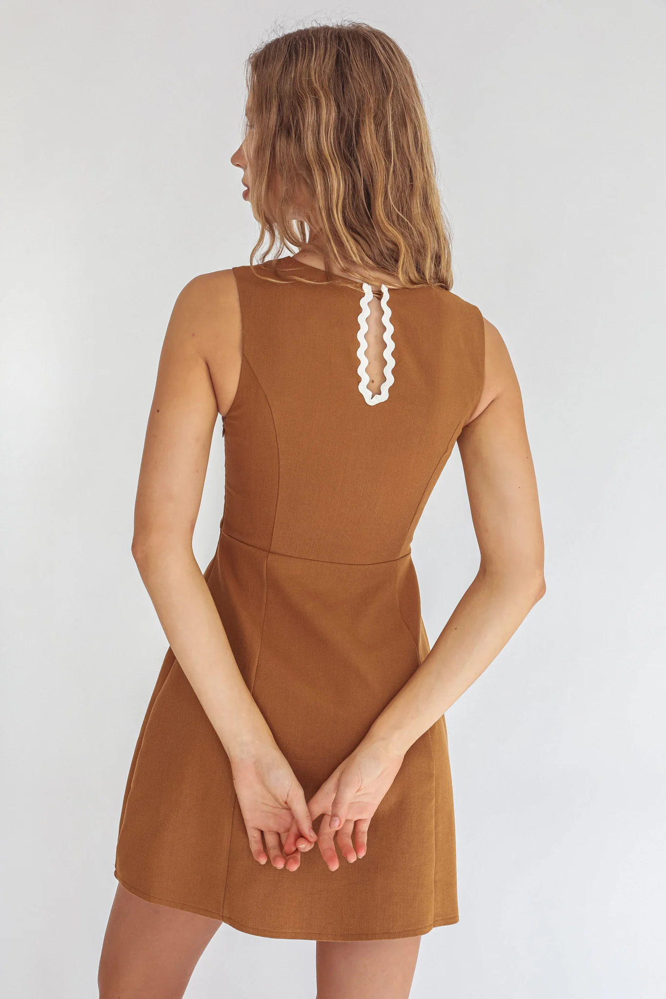 Make You Mine V-Neck Ric-Rac Mini Dress Brown - Image 2