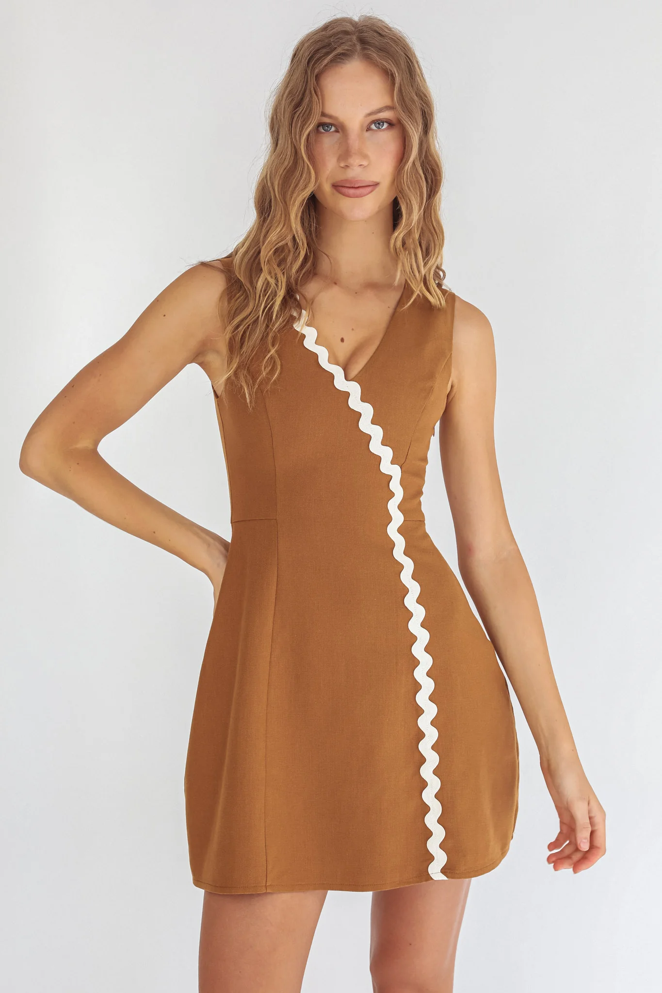 Make You Mine V-Neck Ric-Rac Mini Dress Brown - Image 5
