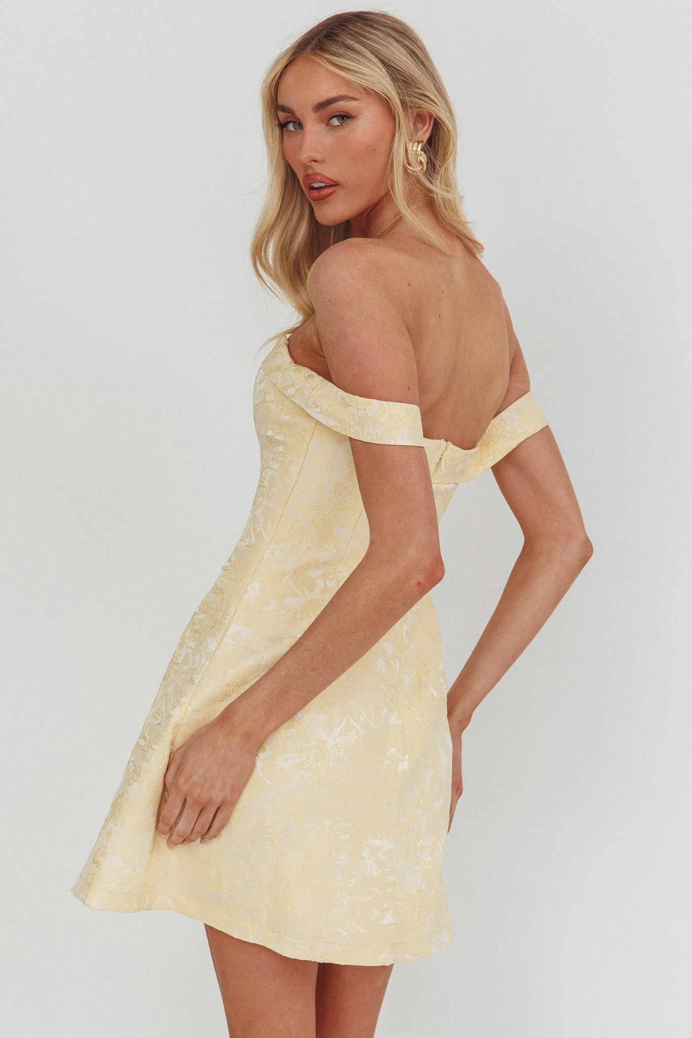 Mikado Off-Shoulder Foldover Mini Dress Jacquard Butter - Image 2