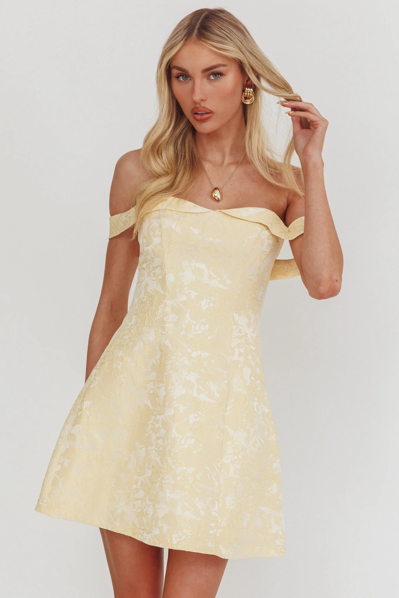 Mikado Off-Shoulder Foldover Mini Dress Jacquard Butter - Image 5