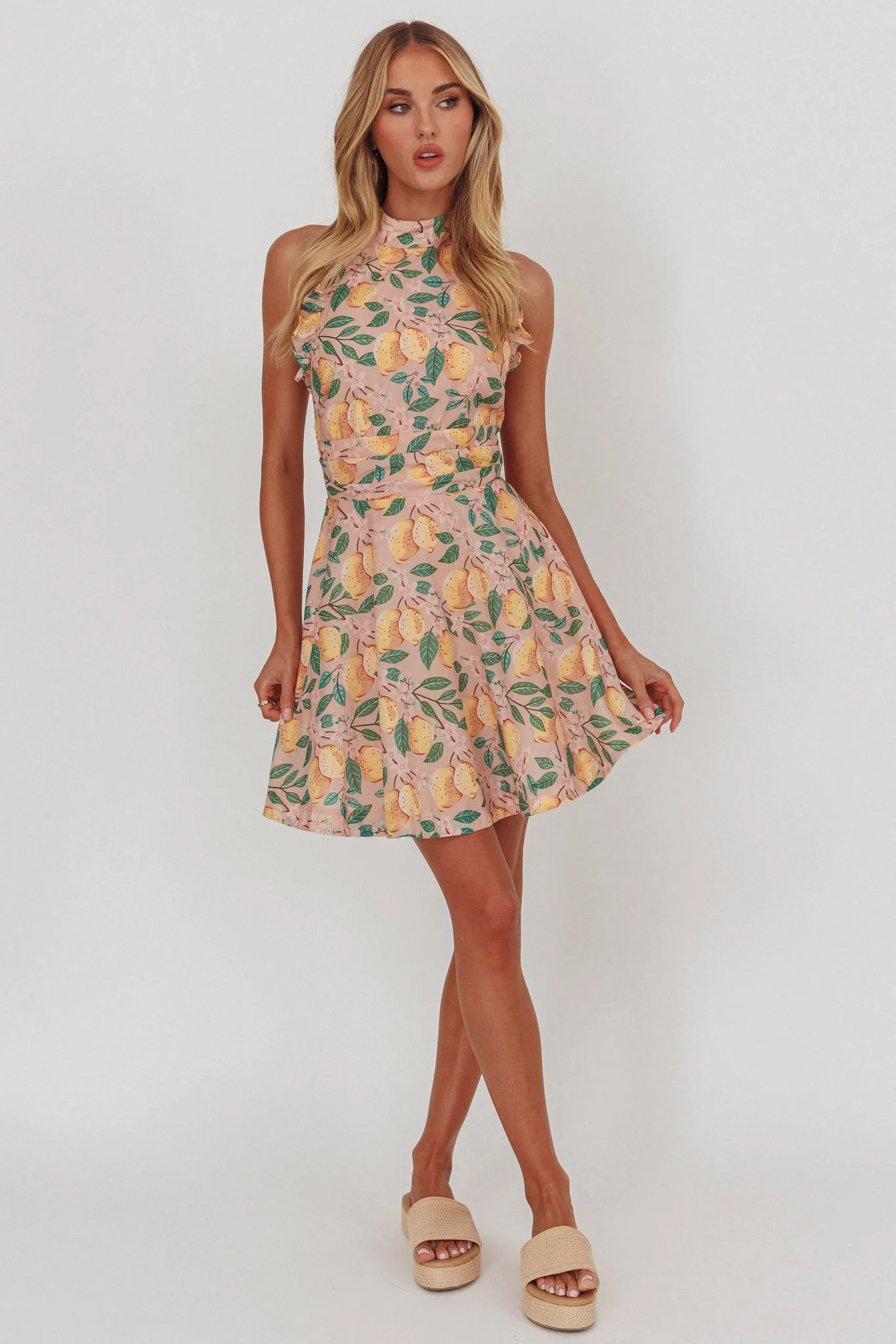 Miko Frill Trim Halter Mini Dress Lemon - Image 2