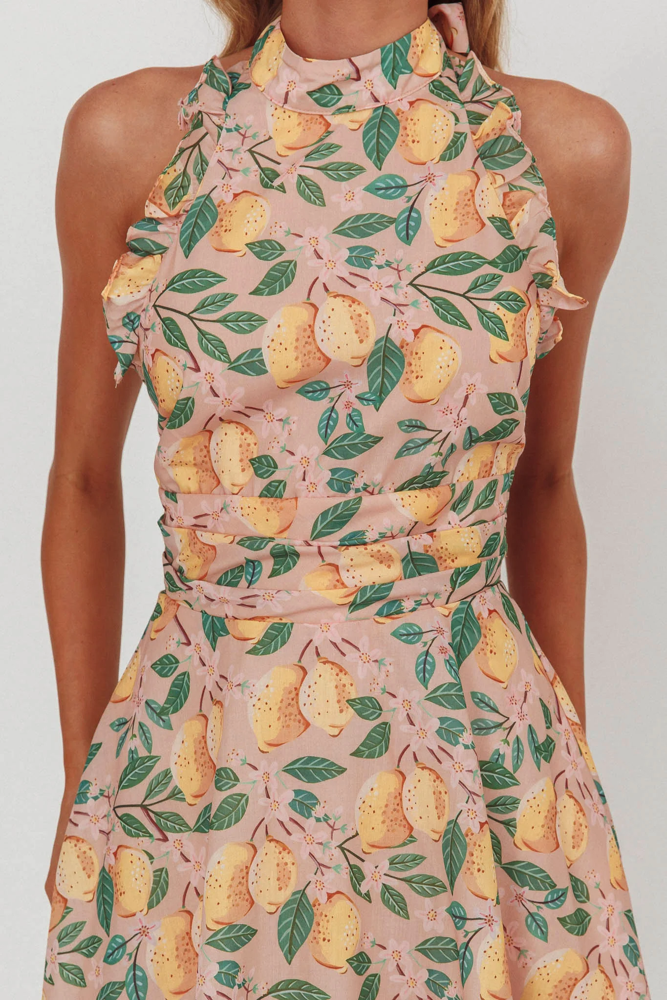 Miko Frill Trim Halter Mini Dress Lemon - Image 4