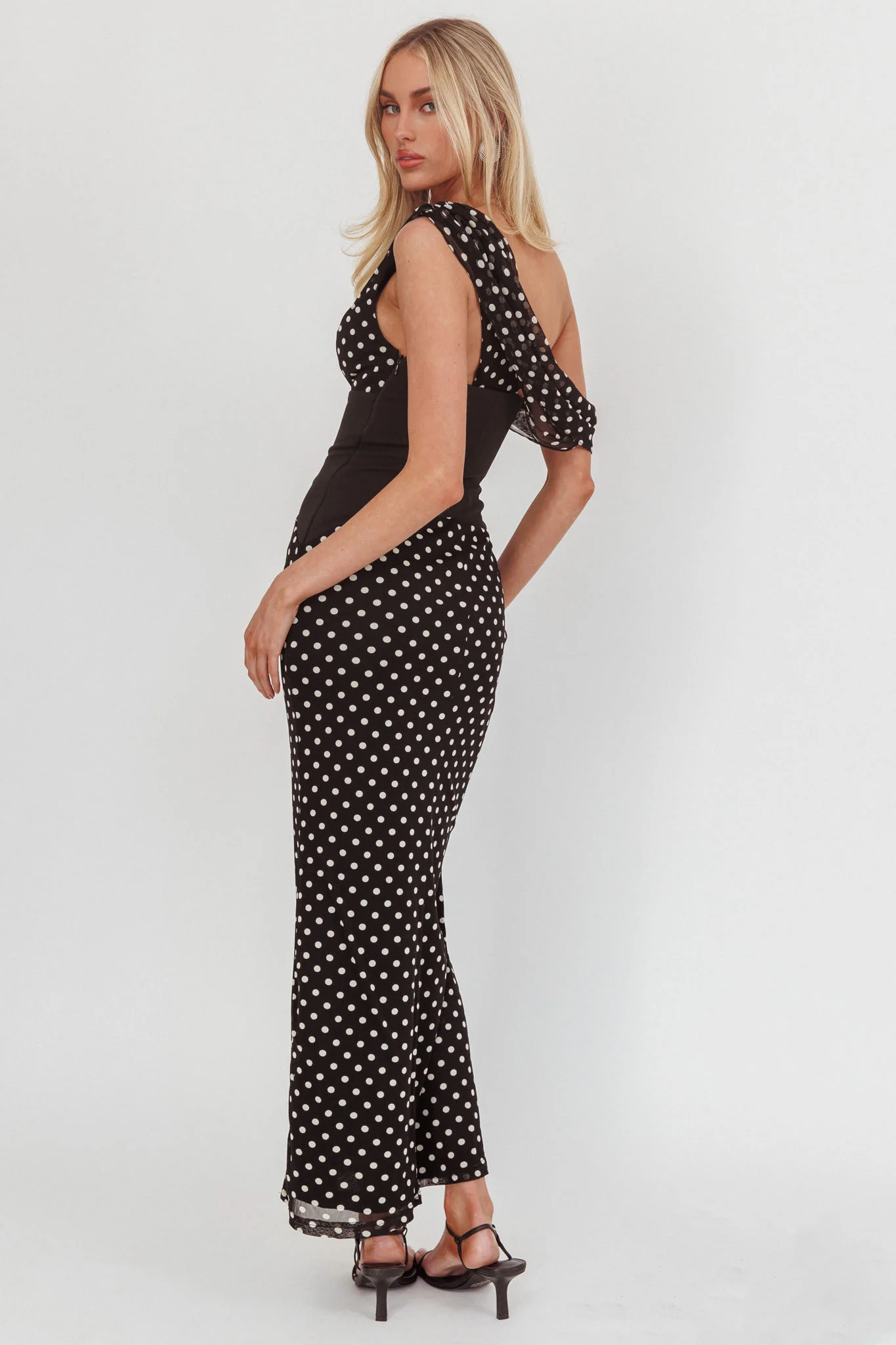 Milos Asymmetric Neckline Maxi Dress Black Dot - Image 3