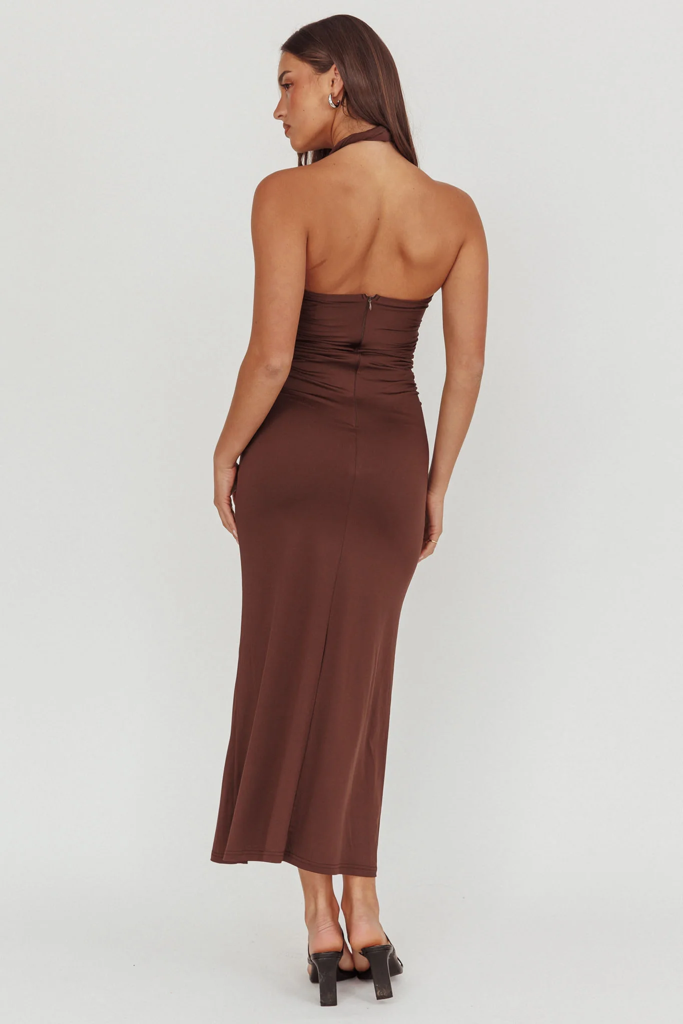 Mixed Feelings Ruched Bodice Halter Maxi Dress Chocolate - Image 2