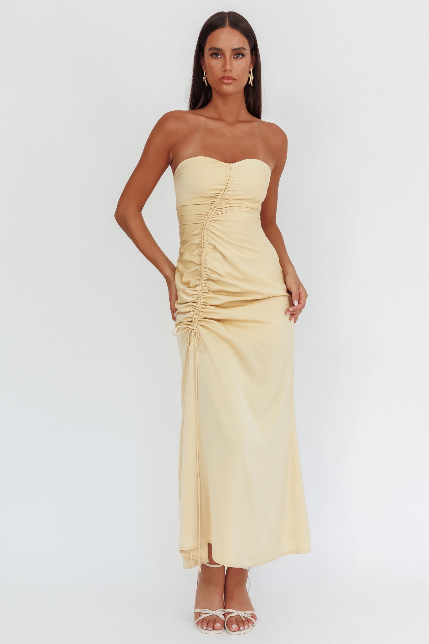 Molinda Strapless Ruched Drawstring Maxi Dress Golden - Image 5
