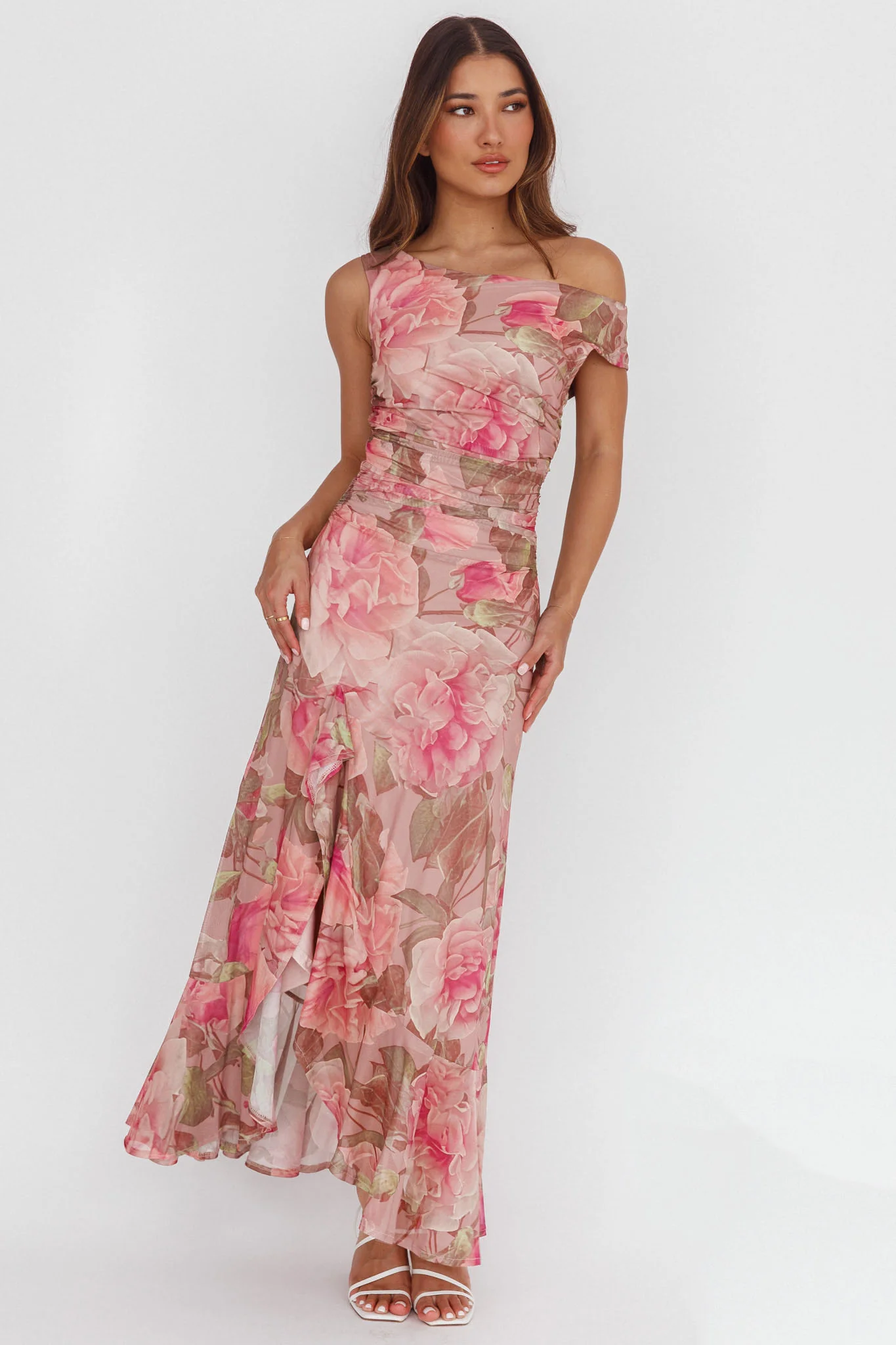 Moonlit Magic Asymmetric Neckline Maxi Dress Floral Blush - Image 4