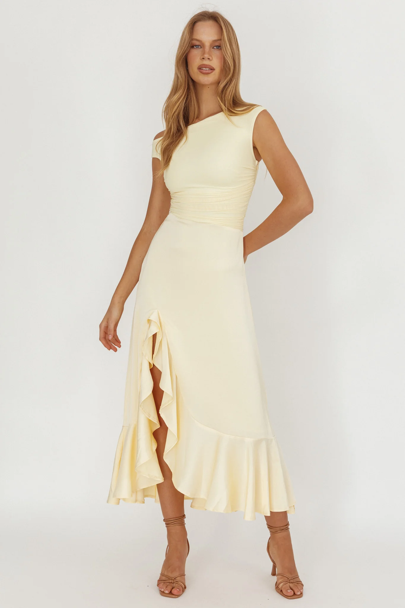 Moonlit Magic Asymmetric Neckline Satin Ruffle Dress Butter - Image 5