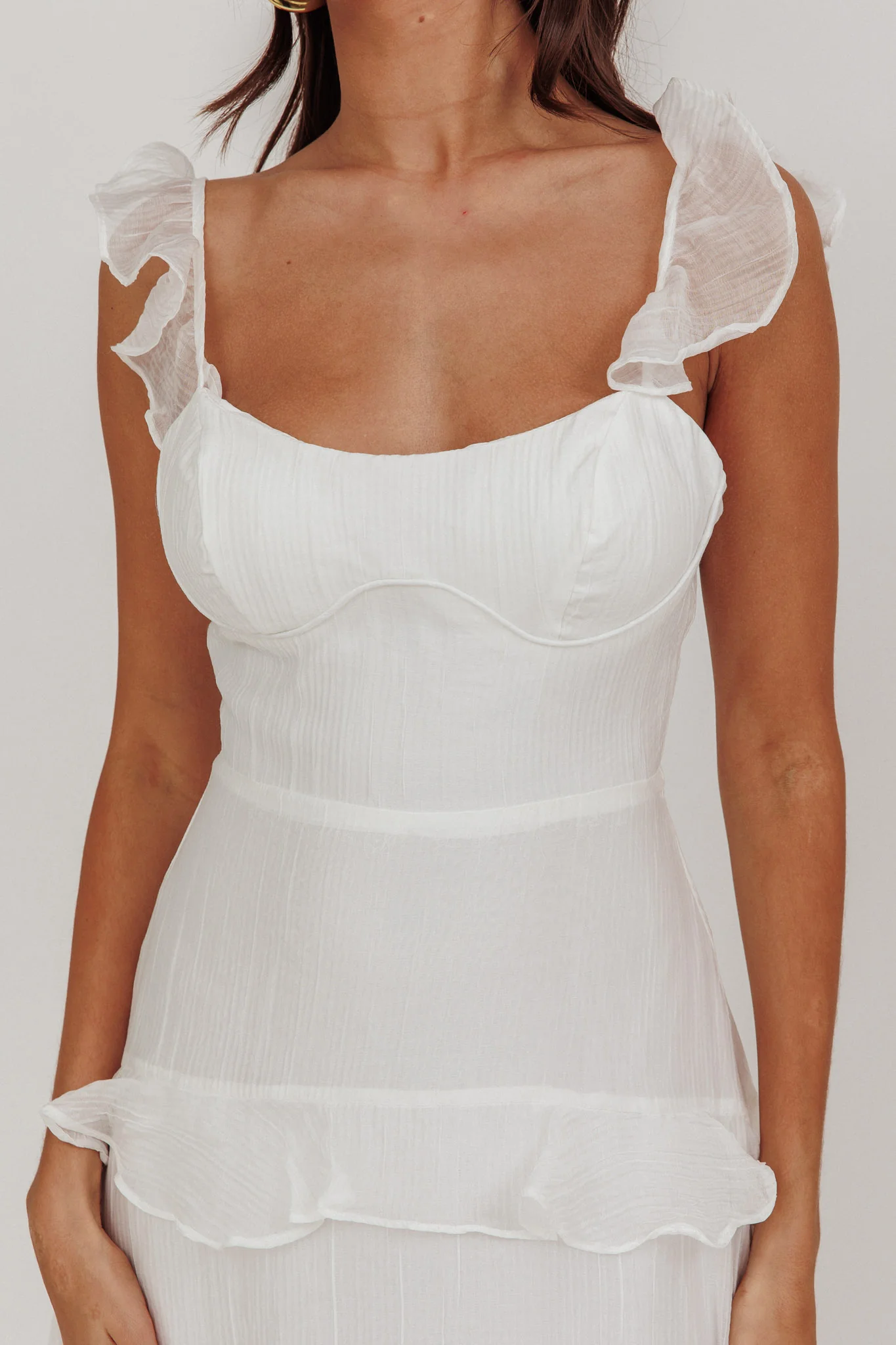 Moonlit Moment Ruffle Trim Lace-Up Back Maxi Dress White - Image 3