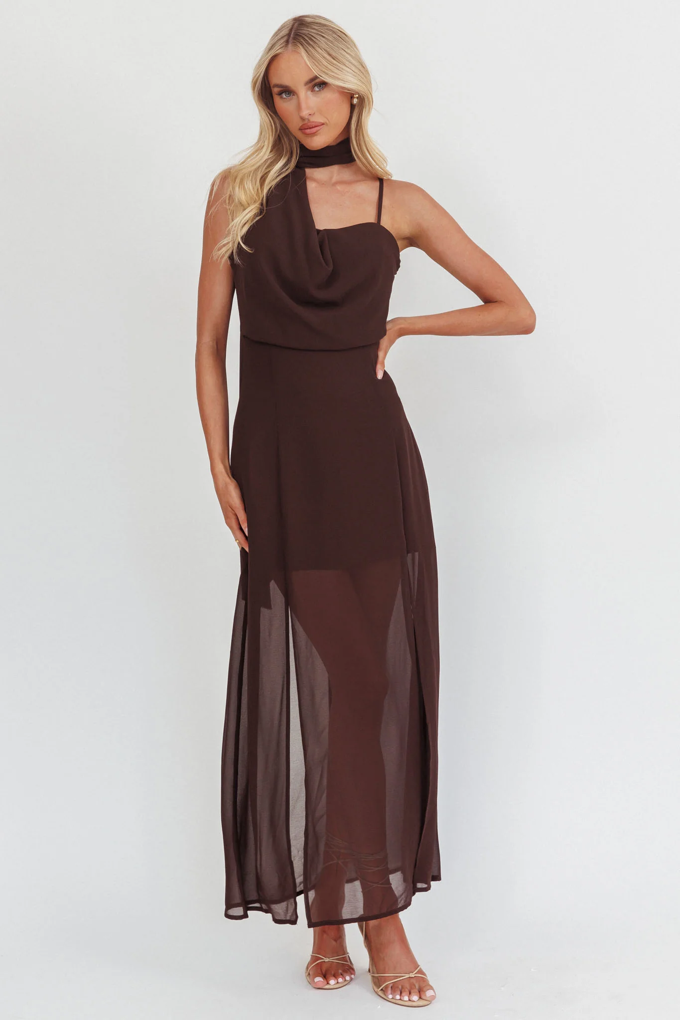 My Paradise Neck Scarf Maxi Dress Chocolate - Image 3