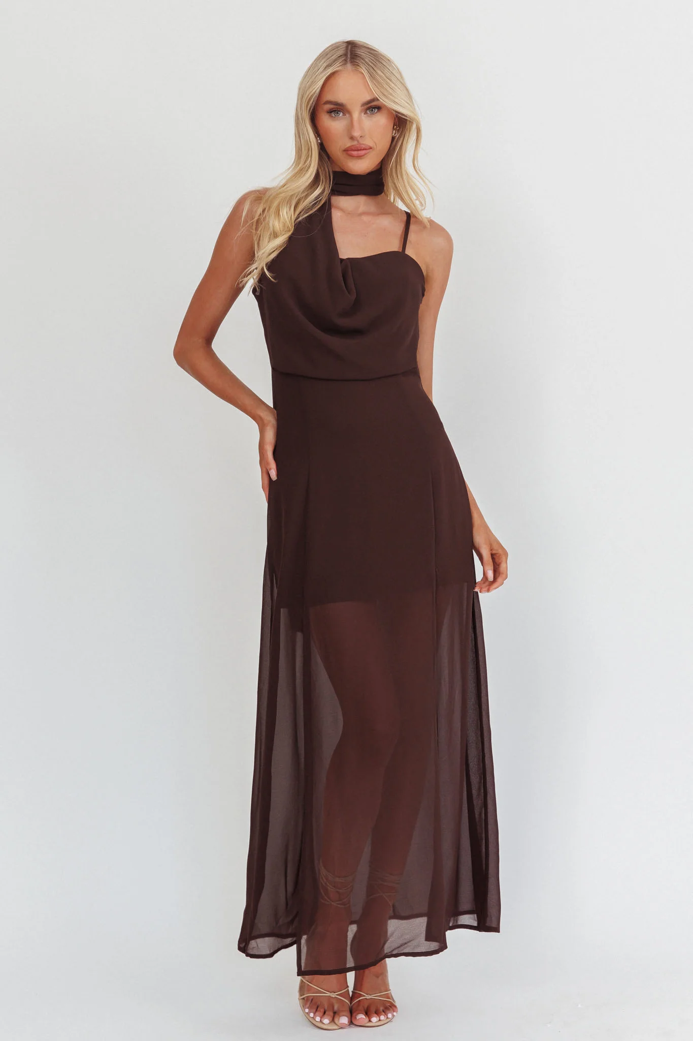 My Paradise Neck Scarf Maxi Dress Chocolate - Image 5