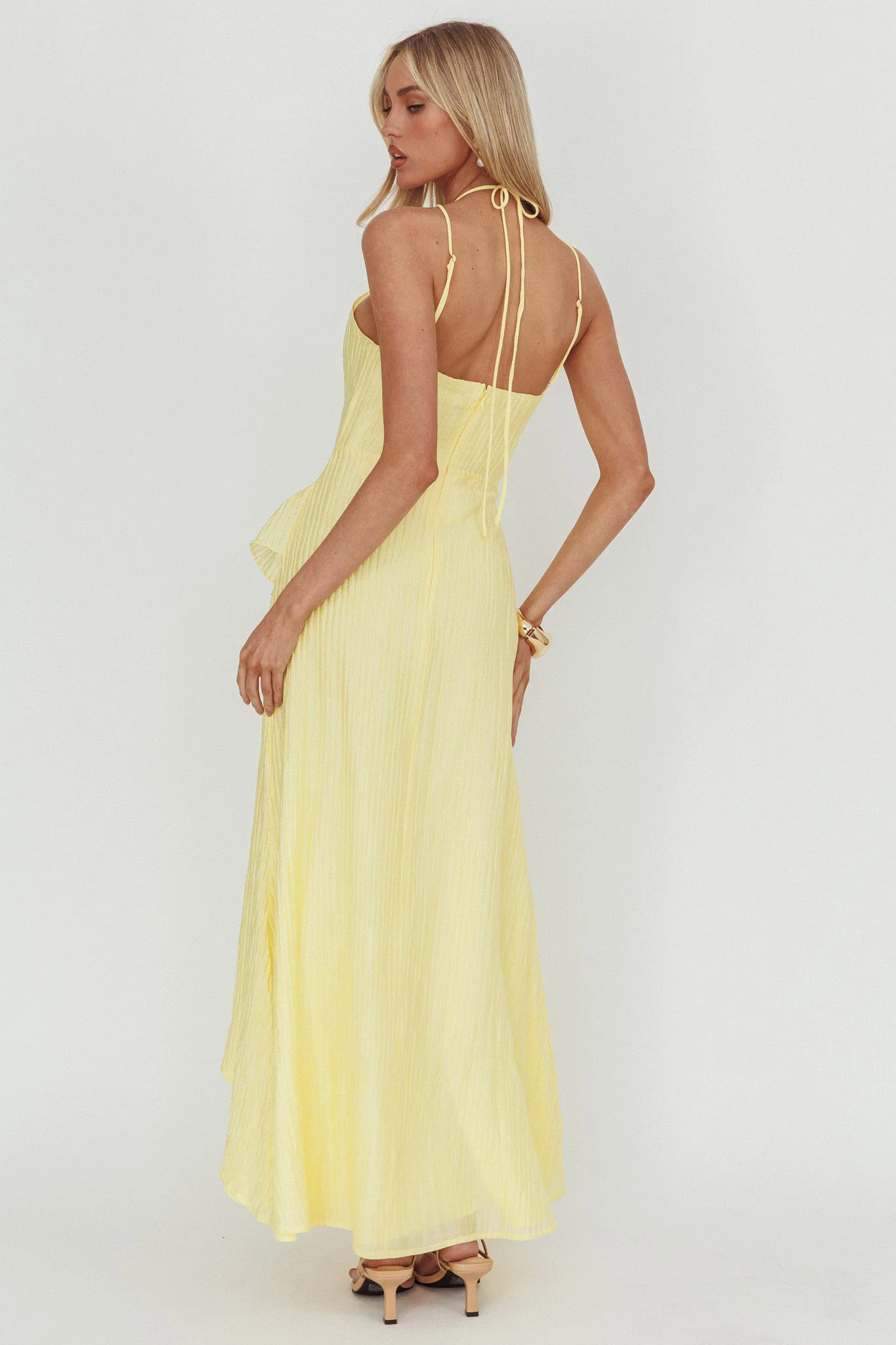 Nerisse Textured Frill Halter Maxi Dress Lemon - Image 2