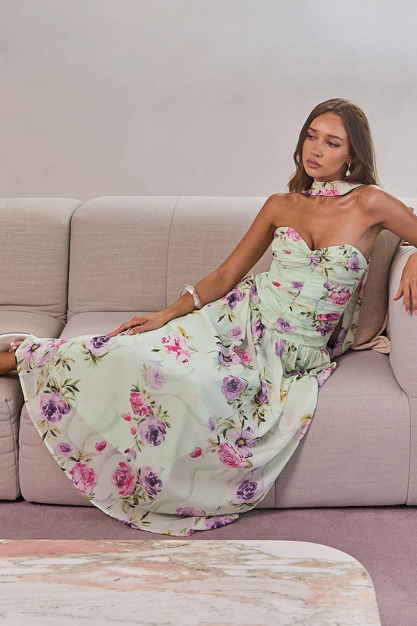Novarra Twist Bust Strapless Maxi Dress Floral Mint - Image 2