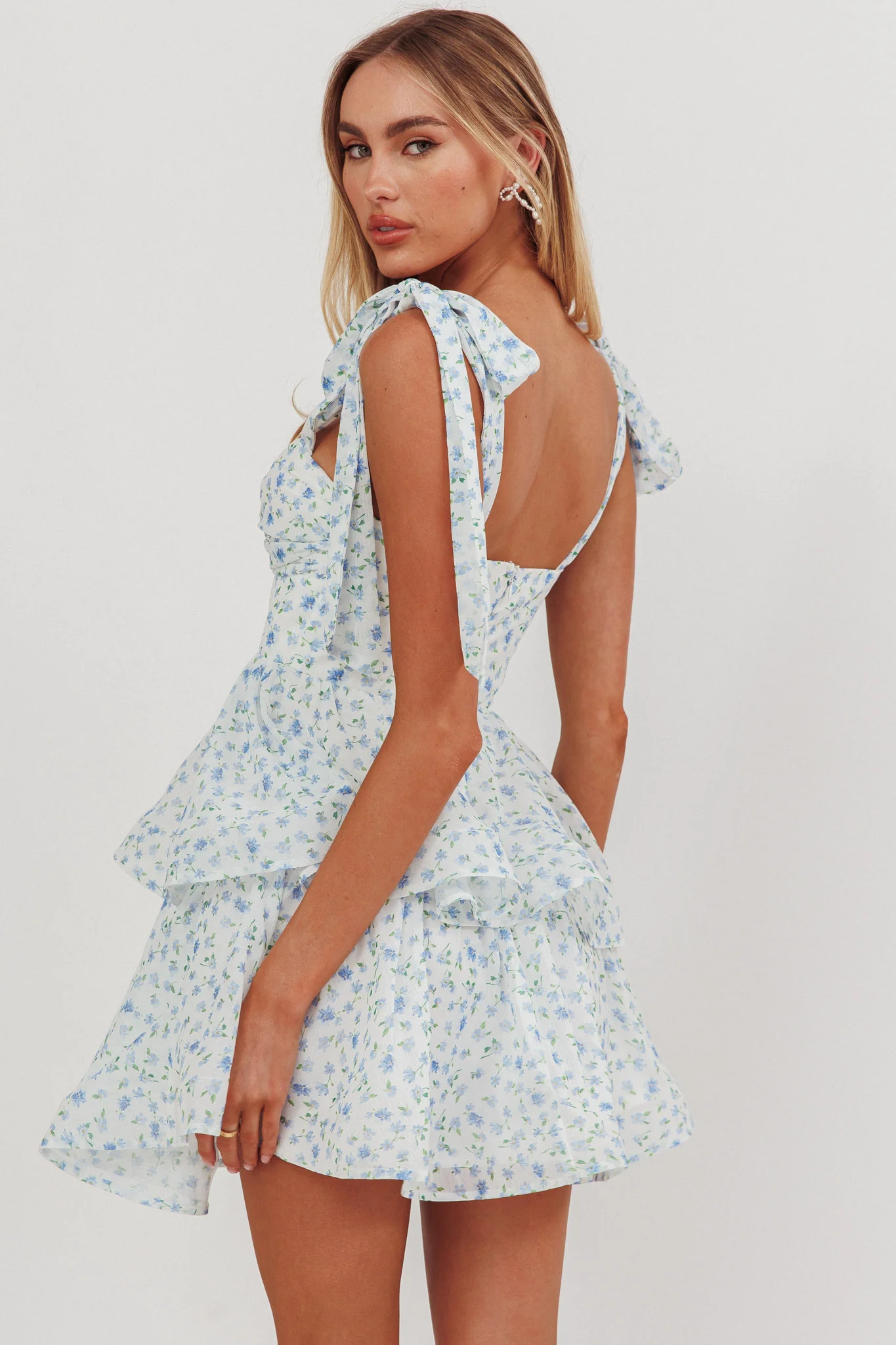Oliana Tied Shoulder Tiered Mini Dress Floral Blue - Image 2