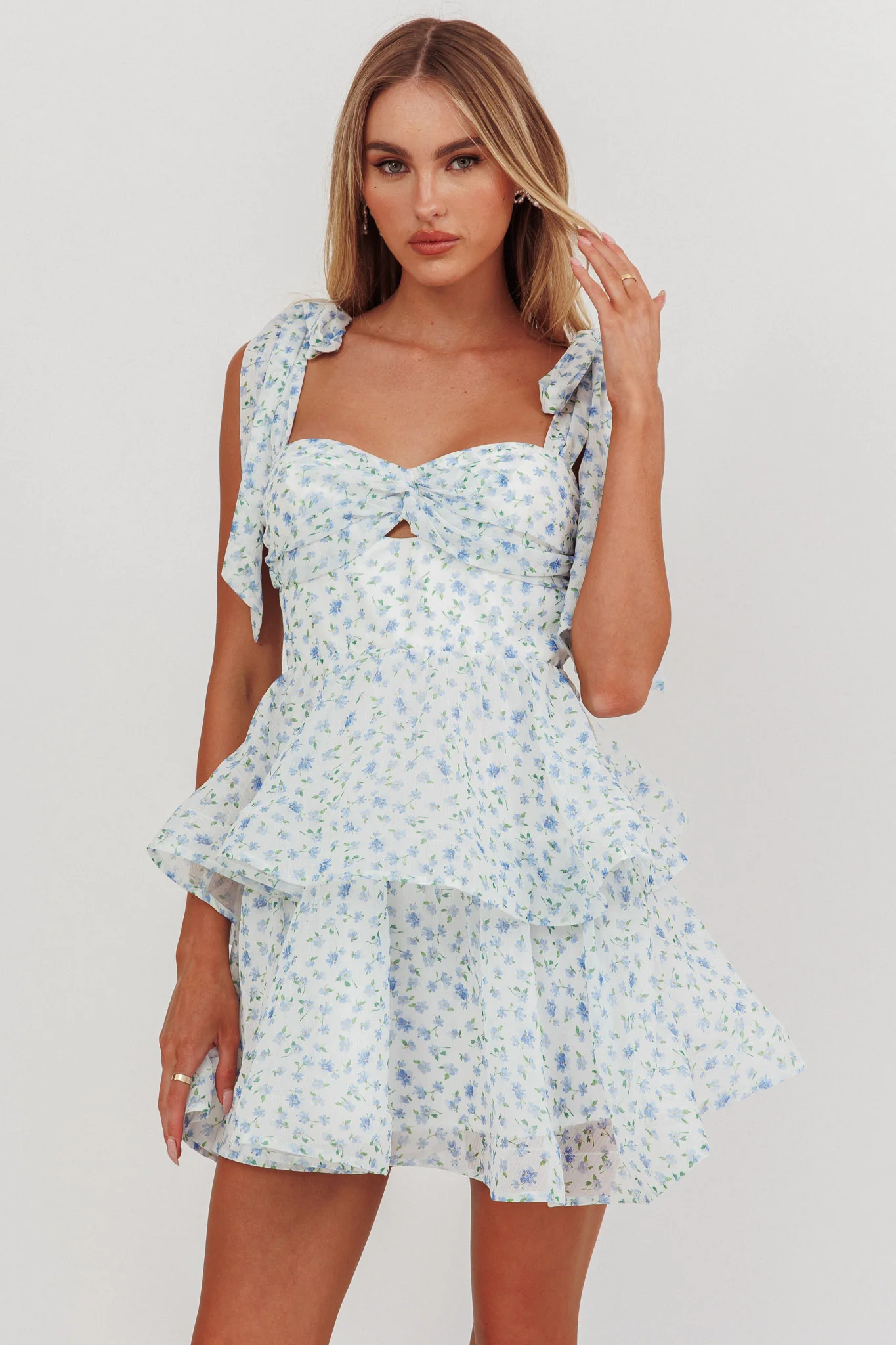 Oliana Tied Shoulder Tiered Mini Dress Floral Blue - Image 5