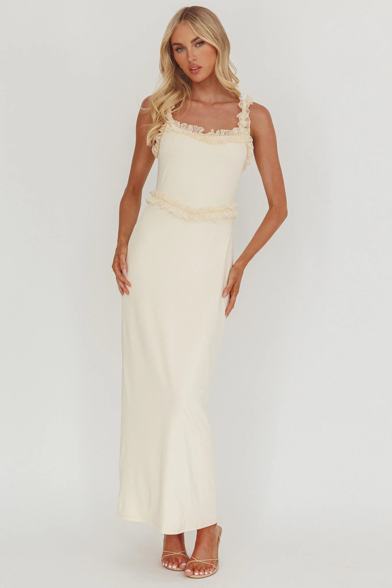 Olivera Lace Frill Trim Maxi Dress Cream - Image 4
