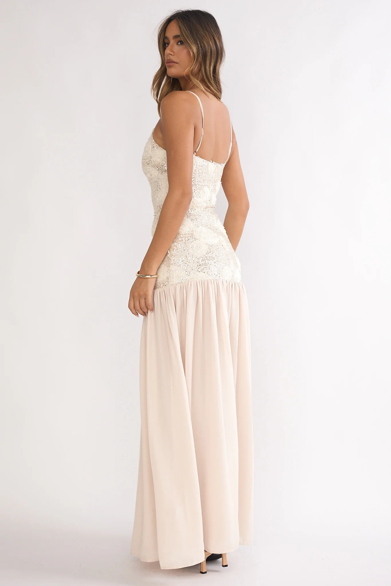 Opheliane Drop Waist Sequin Maxi Dress Champagne - Image 2