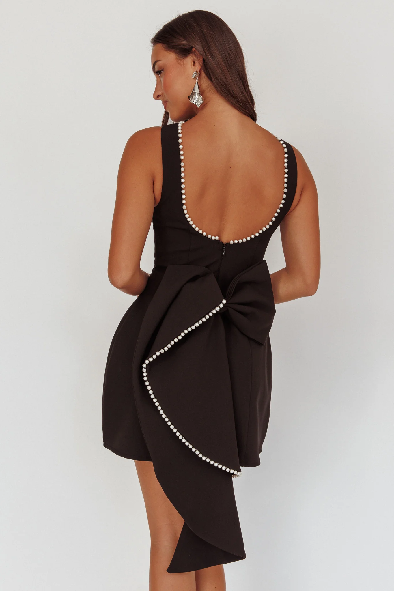 Opulent Pearl Trim Oversized Bow Mini Dress Black - Image 2